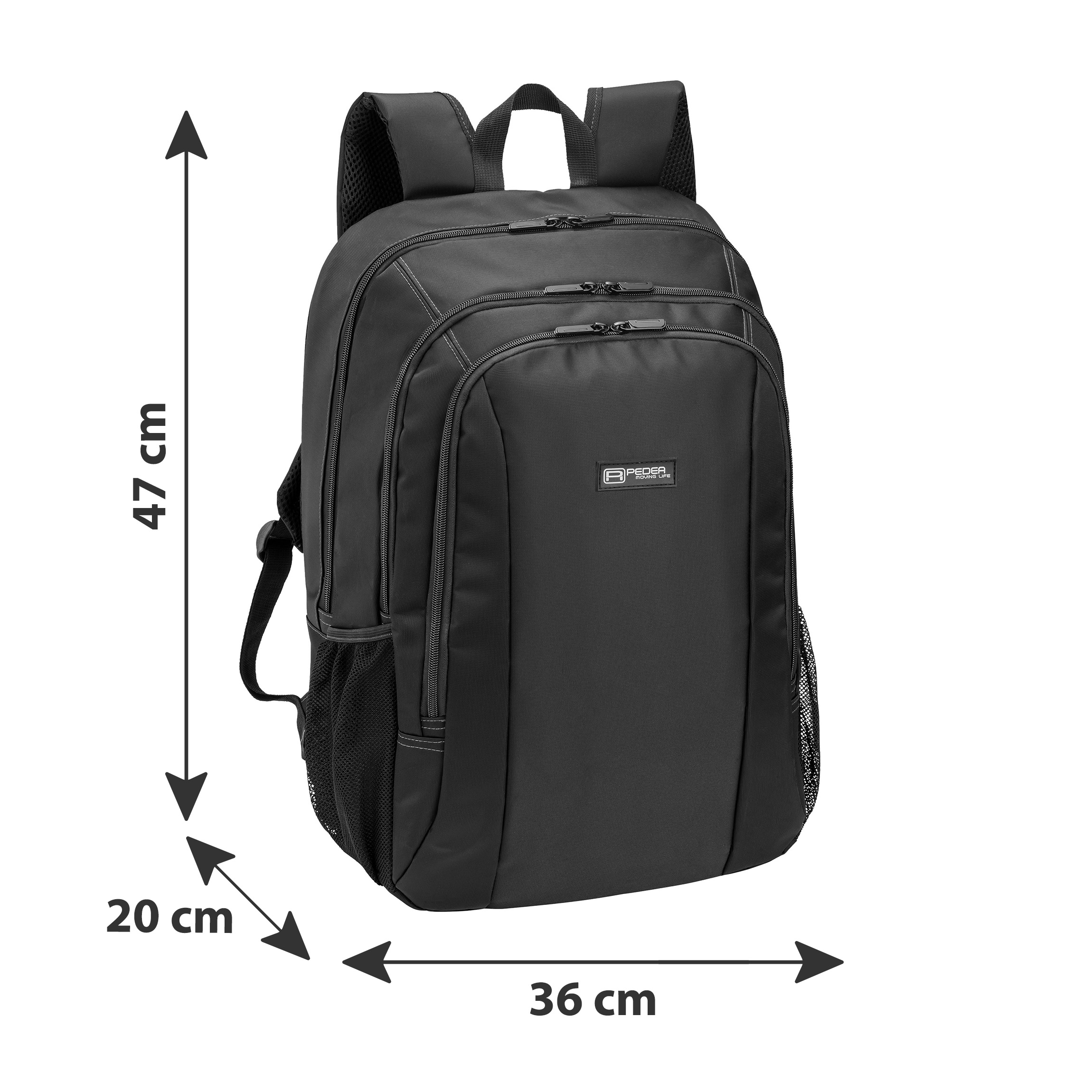 Schwarzer Rucksack mit angegebenen Maßen. Er hat mehrere Fächer und Riemen.