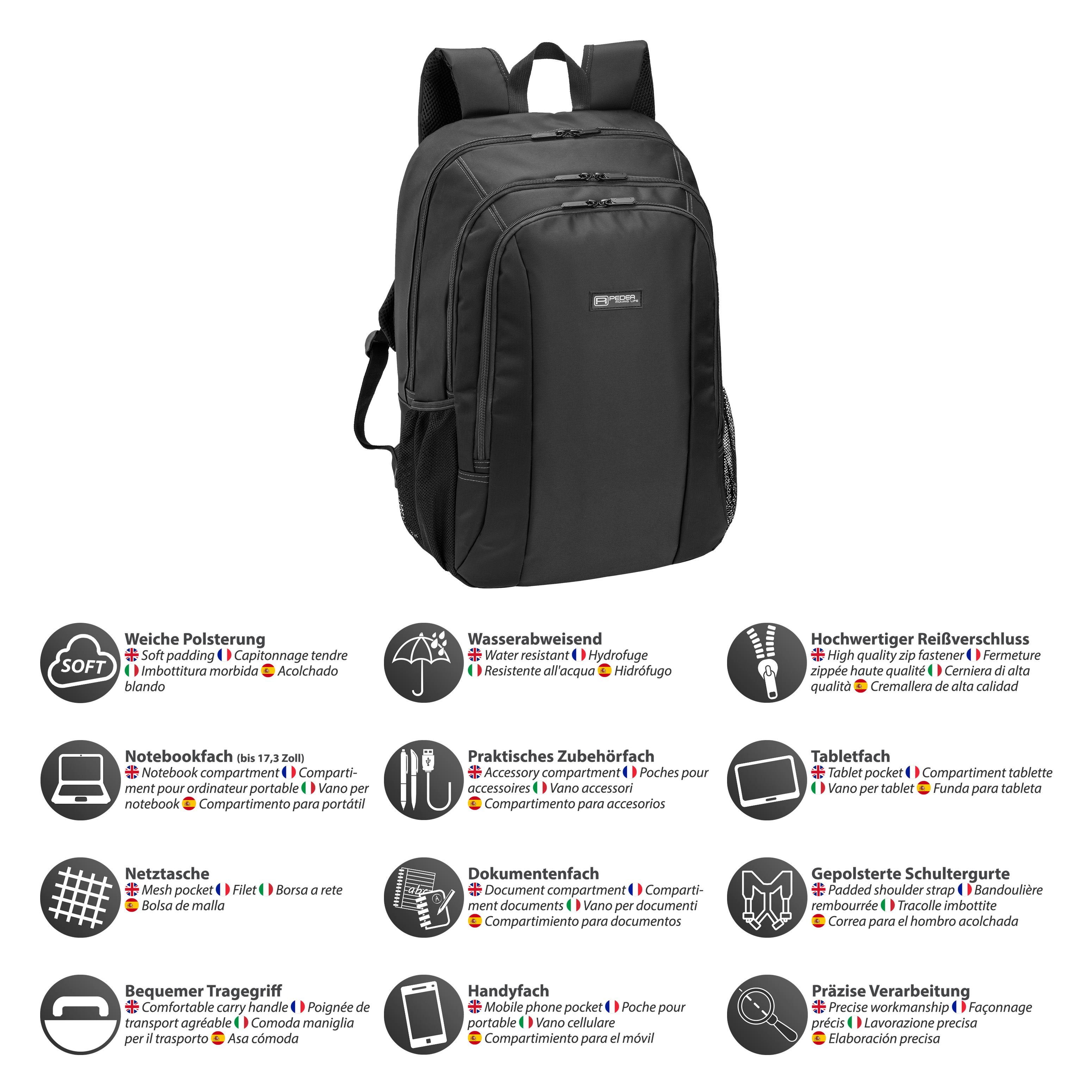 Schwarzer Rucksack mit mehreren Fächern und Taschen. Er hat eine weiche Polsterung und ist wasserabweisend.