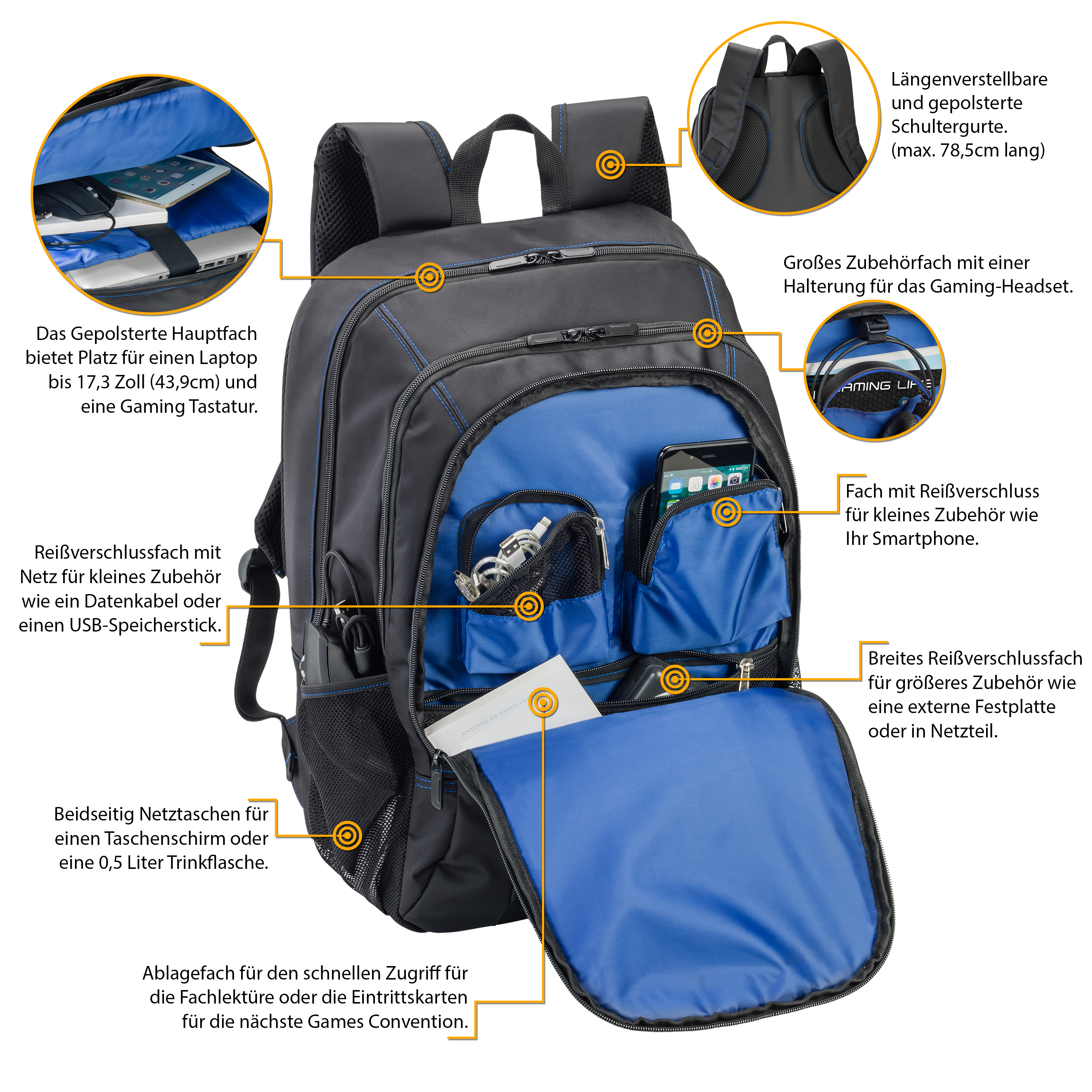 Ein offener Rucksack mit mehreren Fächern. Er hat Taschen, einen Laptop und eine Gaming-Tastatur.