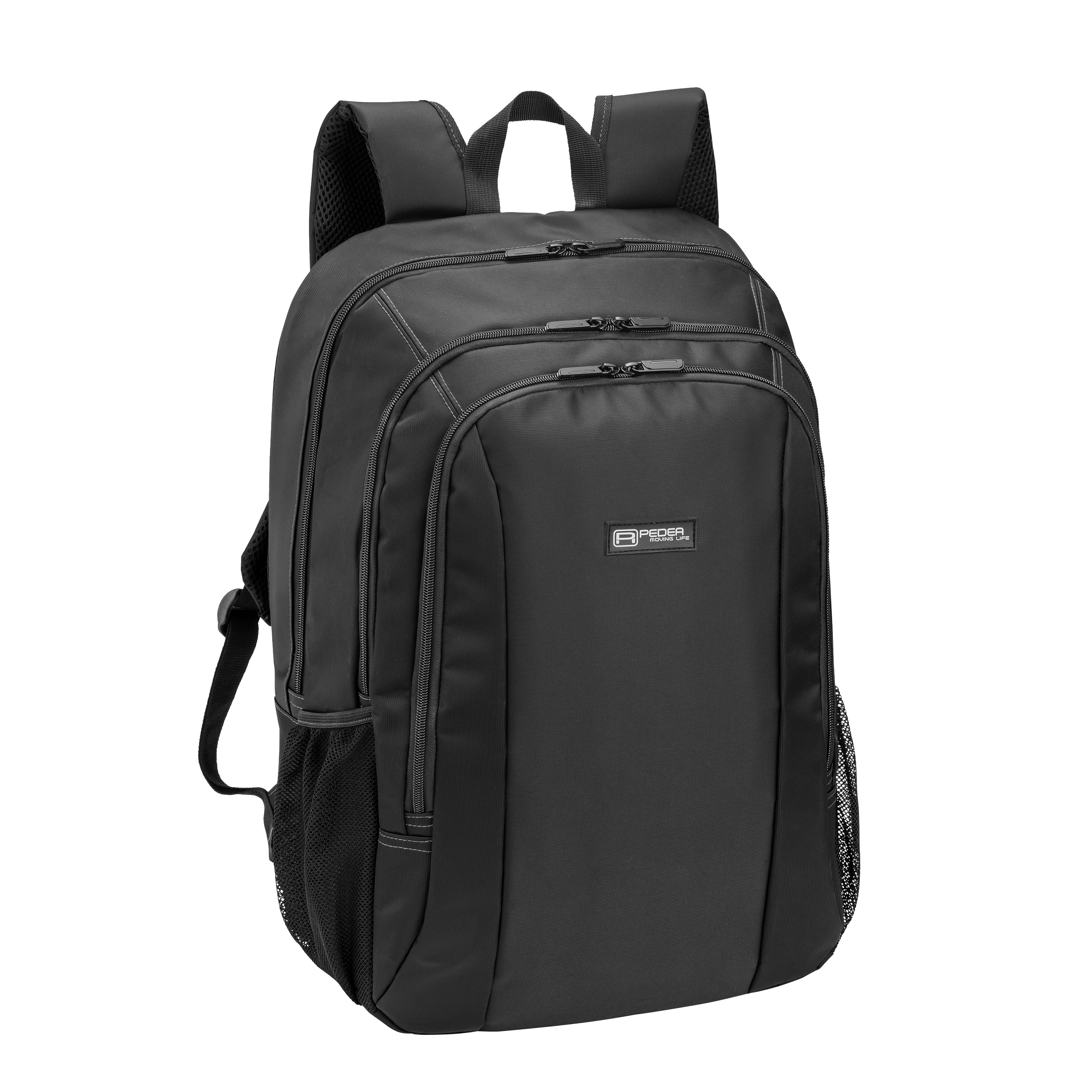 Schwarzer Rucksack mit mehreren Fächern und Reißverschlüssen. Es hat eine Seitentasche aus Netz.