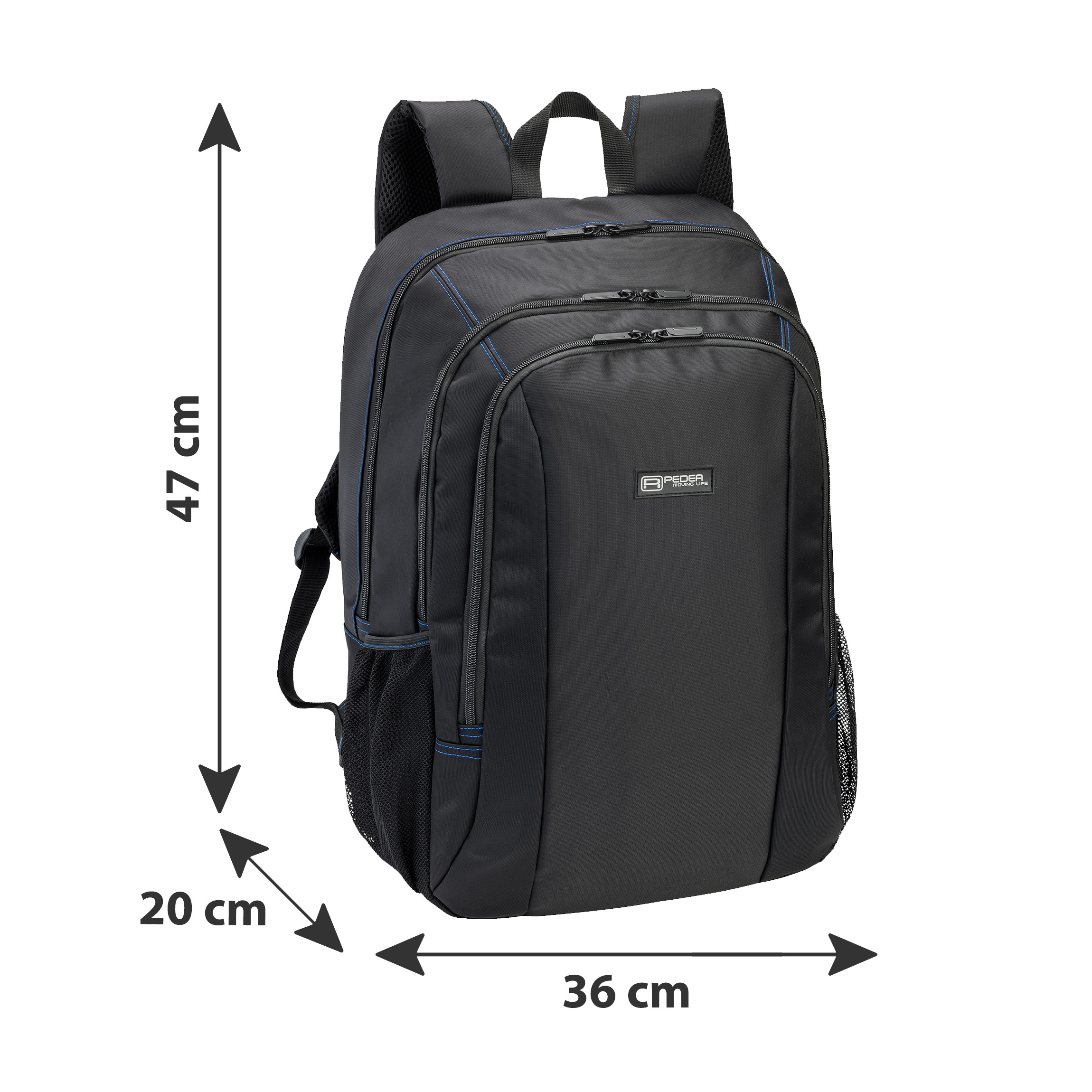 Schwarzer Rucksack mit blauen Akzenten, Abmessungen: 47 cm hoch, 20 cm breit, 36 cm lang.