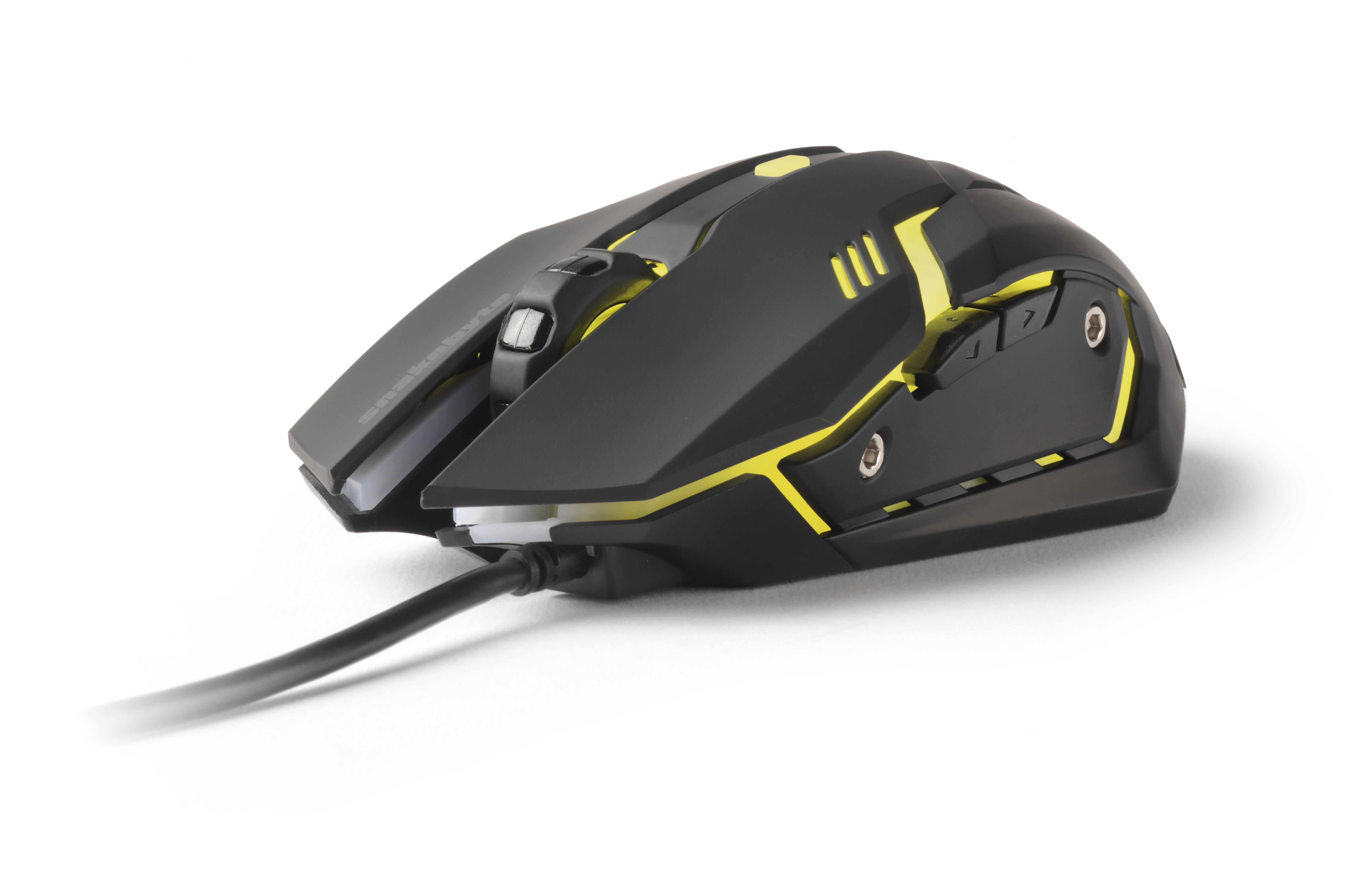 Souris de jeu noire et jaune sur blanc. Elle a un cordon.