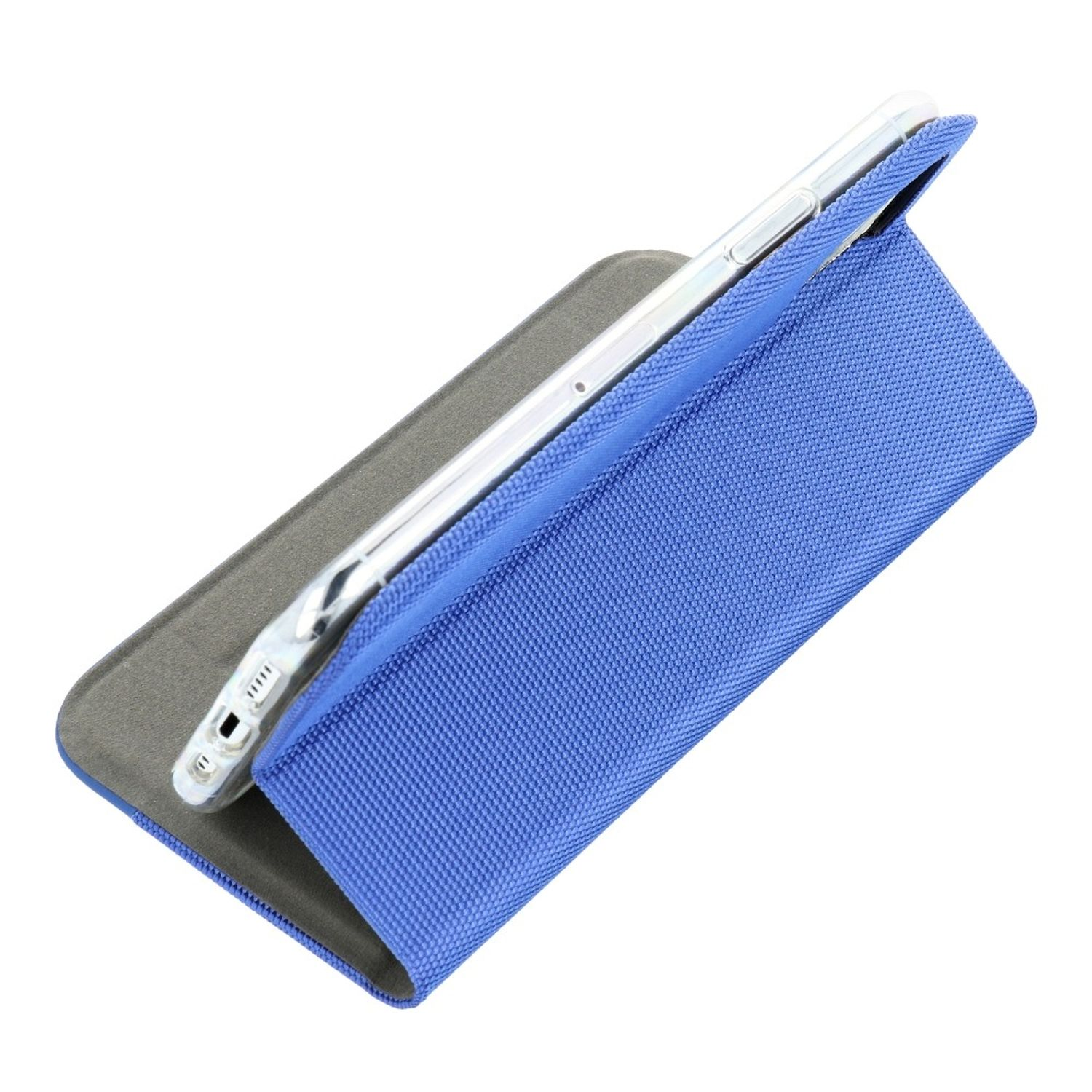 Telefon in einer blauen Hülle, teilweise geöffnet. Weißer Hintergrund. Die Hülle ist strukturiert.