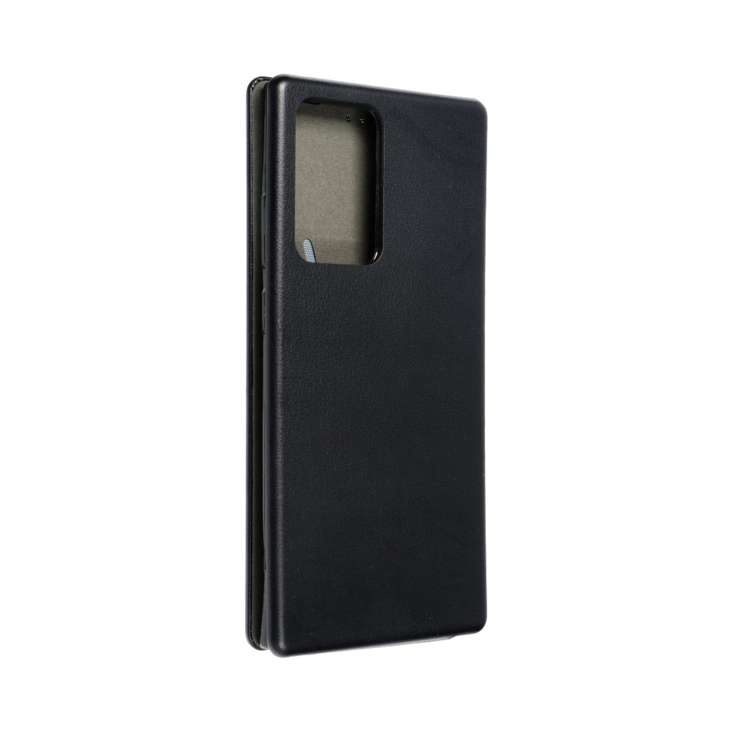 Schwarze Handyhülle, gefaltet. Sie bedeckt das Telefon. Schwarzer Hintergrund.