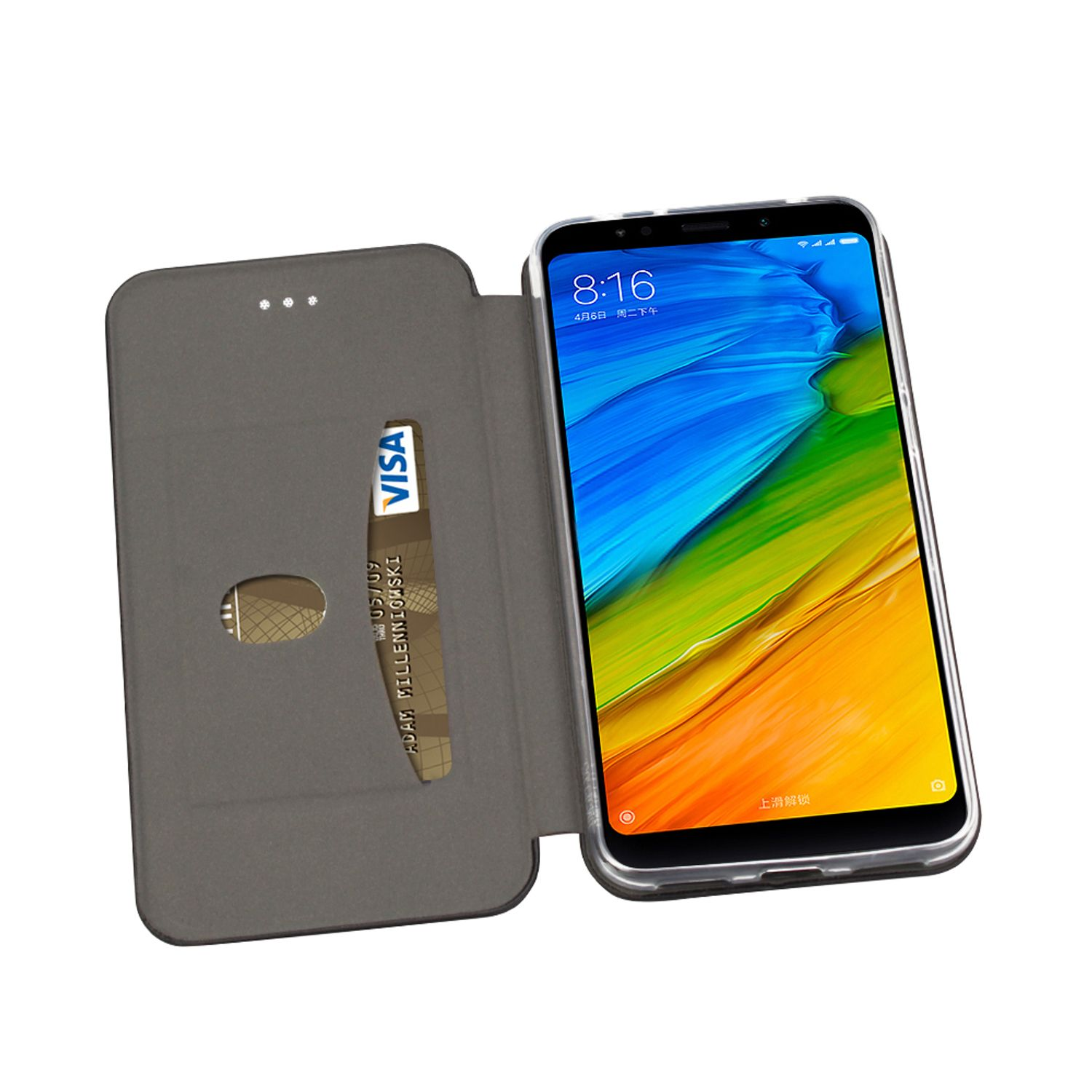 Handy in grauem Wallet-Case mit Karte. Text: Einfache Aufbewahrung. Alles, was Sie brauchen, in einer Handyhülle.