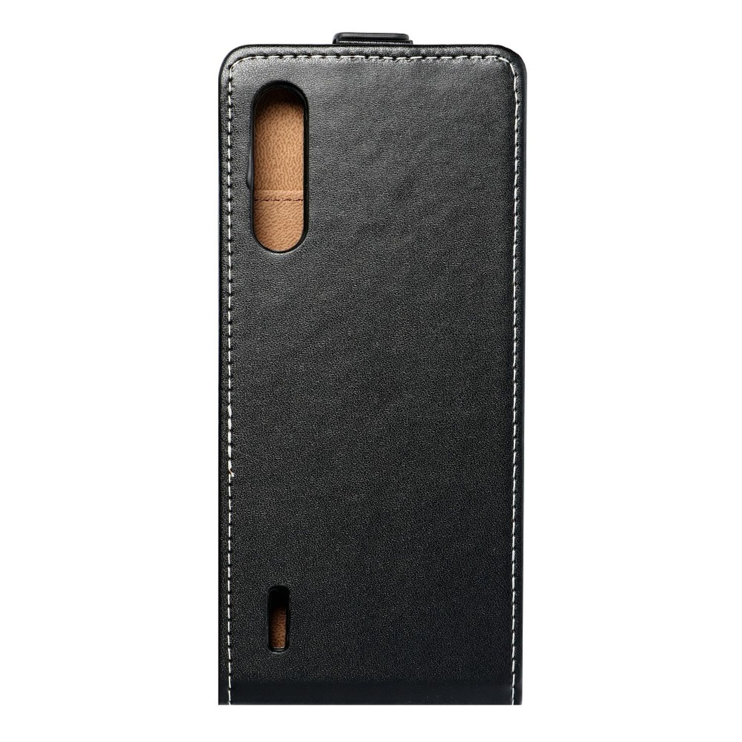 Schwarze Leder-Handyhülle mit Nähten. Innen befindet sich eine braune Tasche. Loch für die Kamera.