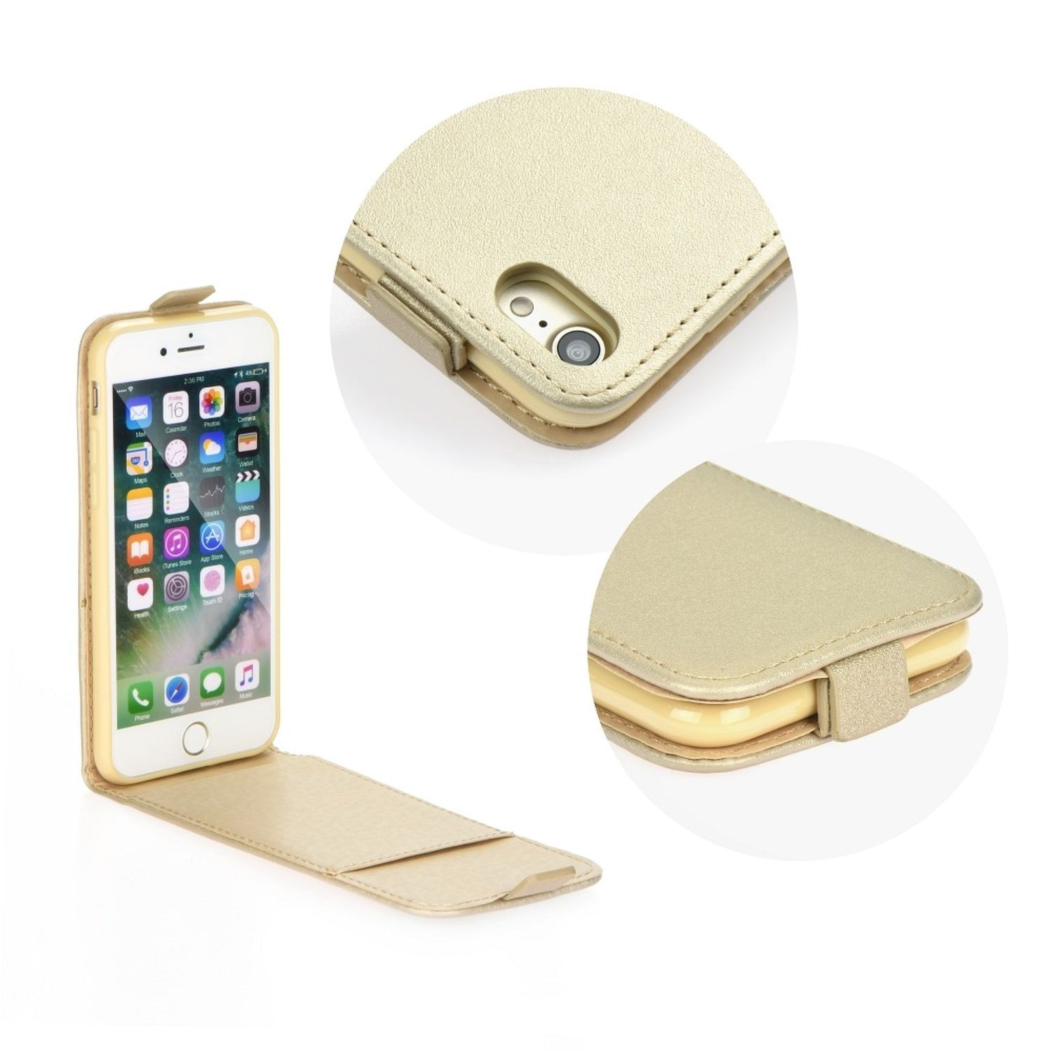 Goldene Handyhülle mit einem iPhone, das geöffnet und geschlossen gezeigt wird. Details der Hülle.