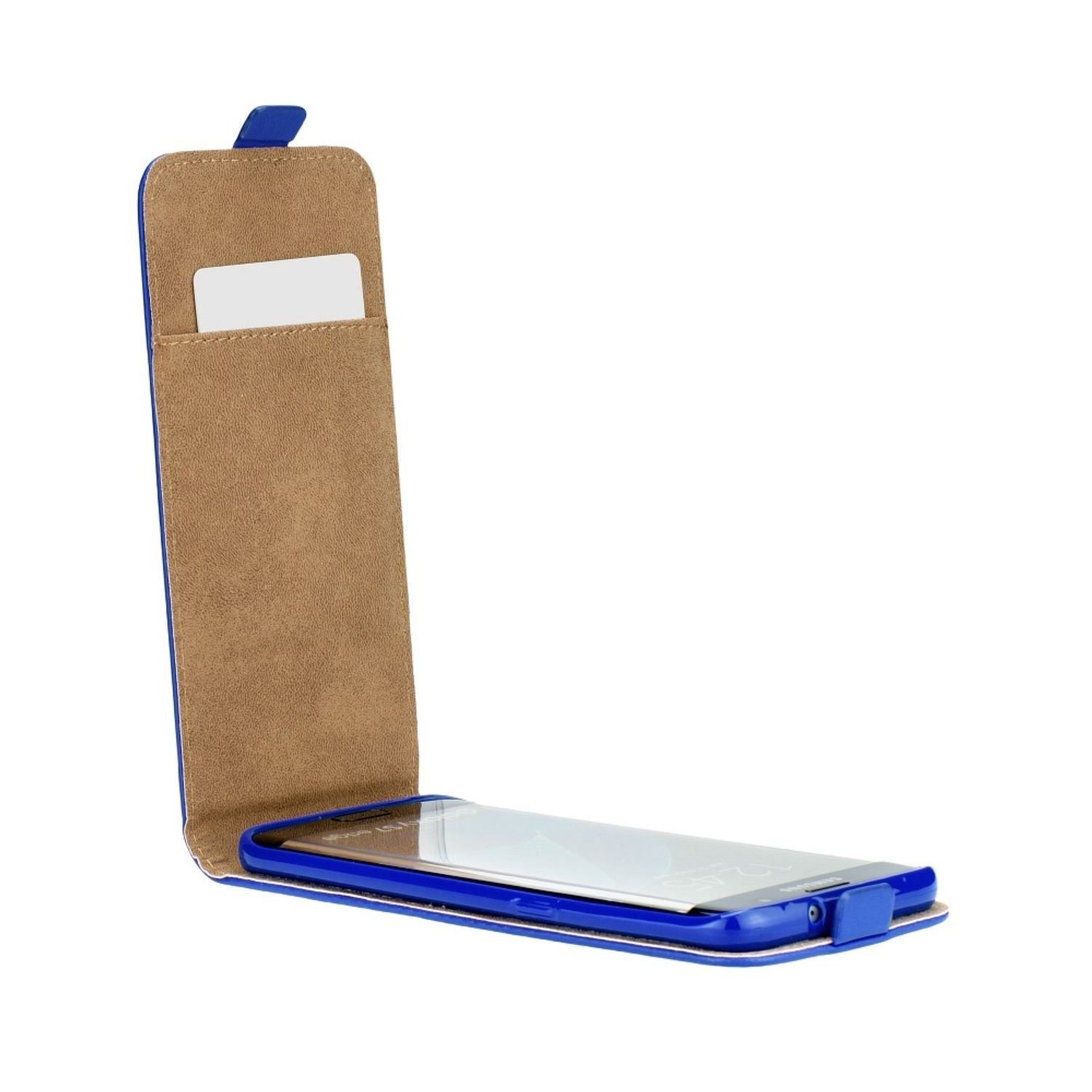 Geöffnete blaue Handyhülle mit Telefon im Inneren. Die Innenseite ist beige, die Hülle ist wie ein Buch geöffnet.