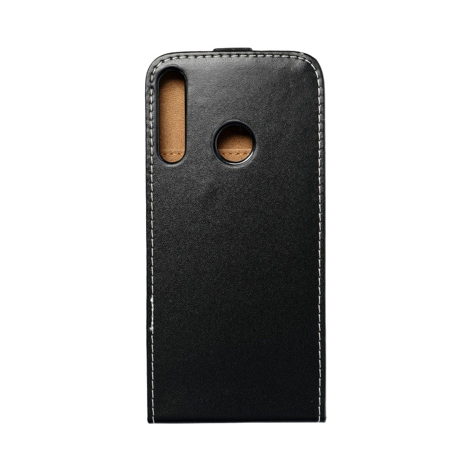 Eine schwarze Telefonhülle aus lederähnlichem Material. Sie hat einen Ausschnitt für die Kamera.
