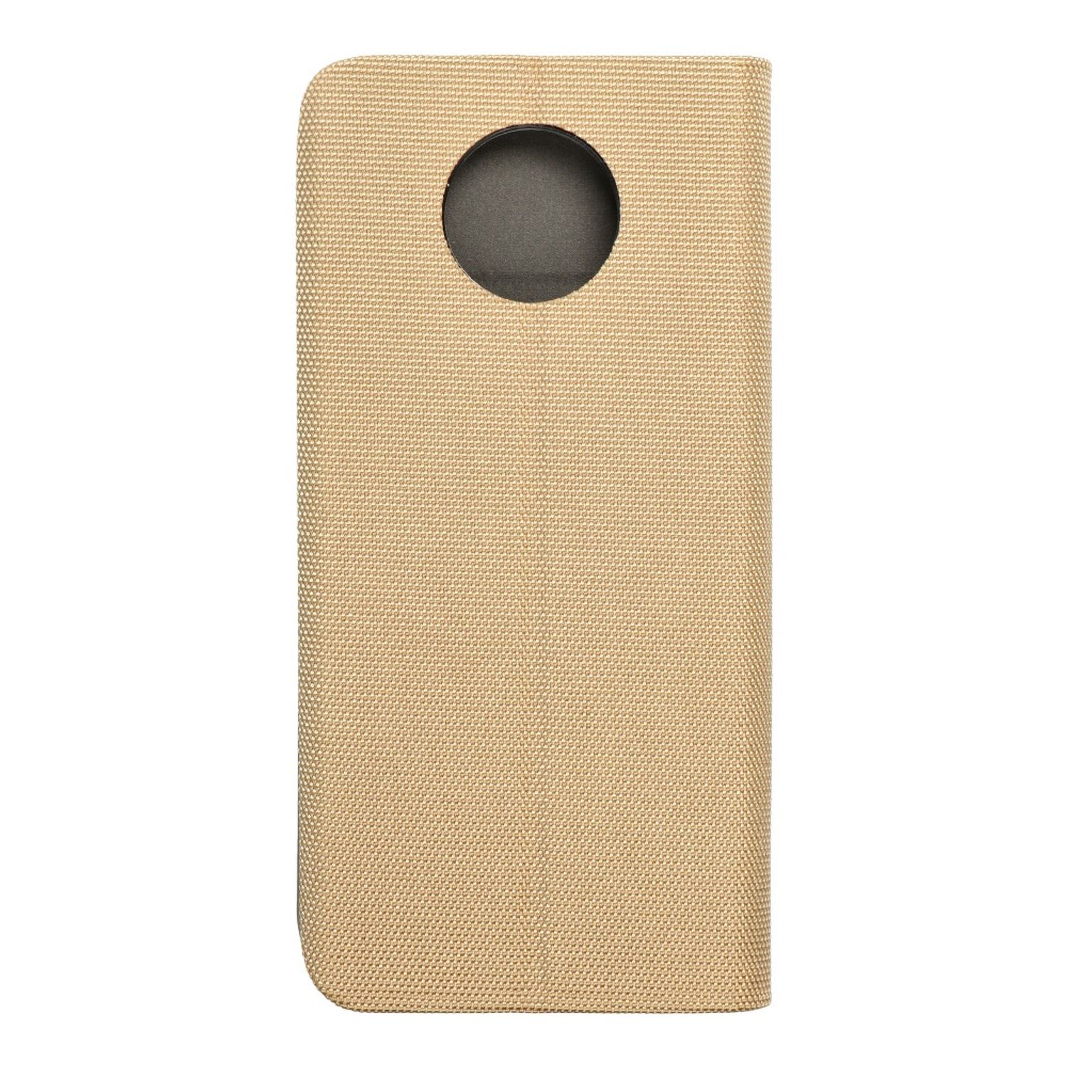 Beige Handyhülle. Es hat ein Loch für die Kamera.