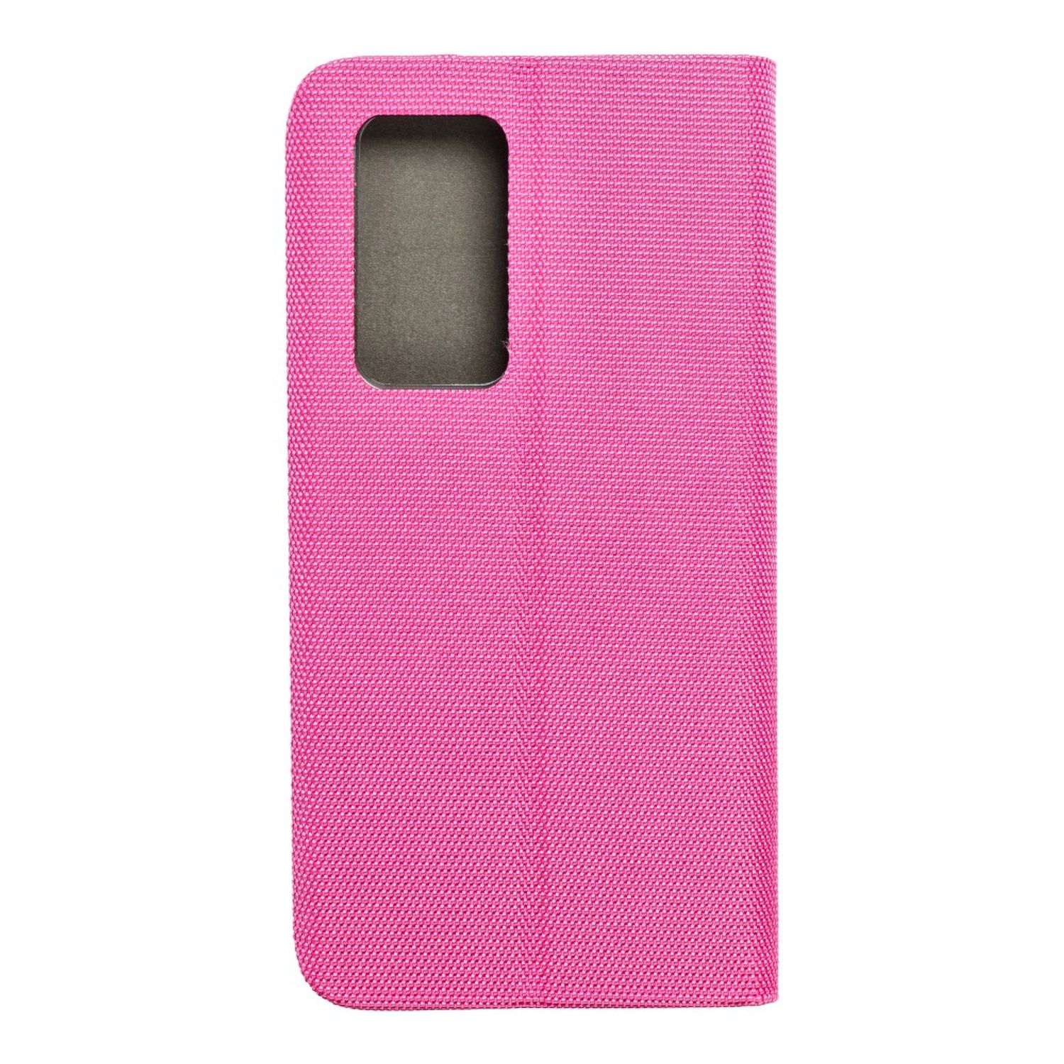 Eine pinkfarbene Handyhülle mit einem ausschnitt für ein Telefon. Die Hülle ist geschlossen.