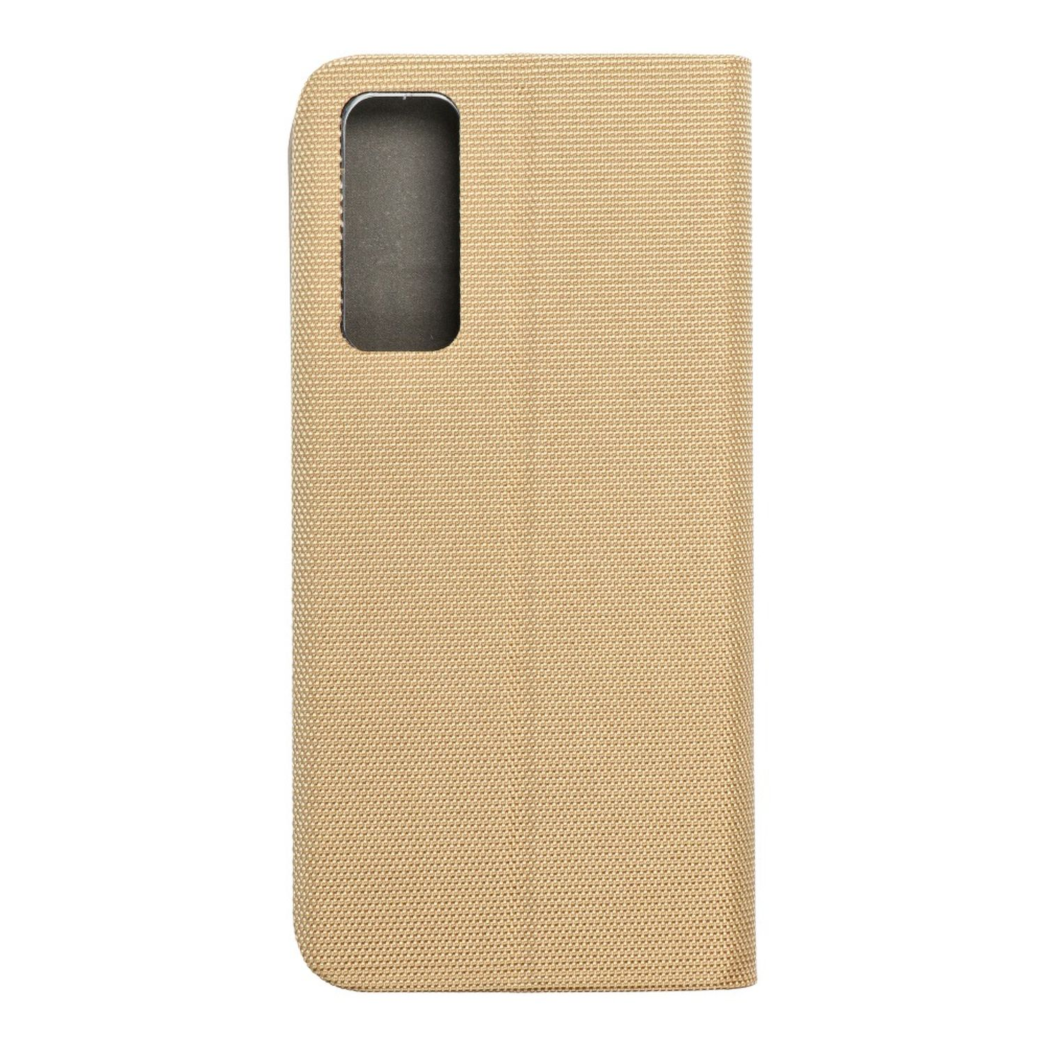 Eine beige Handyhülle mit einem Ausschnitt für Kamera und Blitz des Telefons.