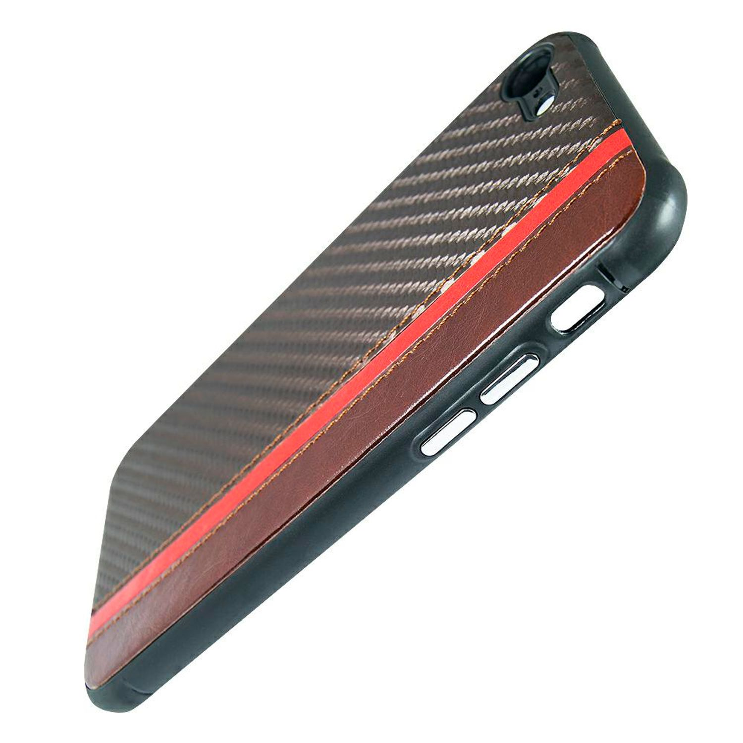 Smartphone-Hülle mit braunem und Karbonfaser-Design, roter Streifen, auf weißer Oberfläche.