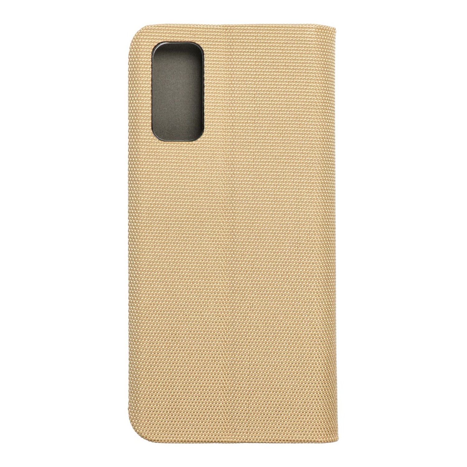 Beige Handyhülle. Die Hülle ist geschlossen. Die Handyhülle hat eine strukturierte Oberfläche.