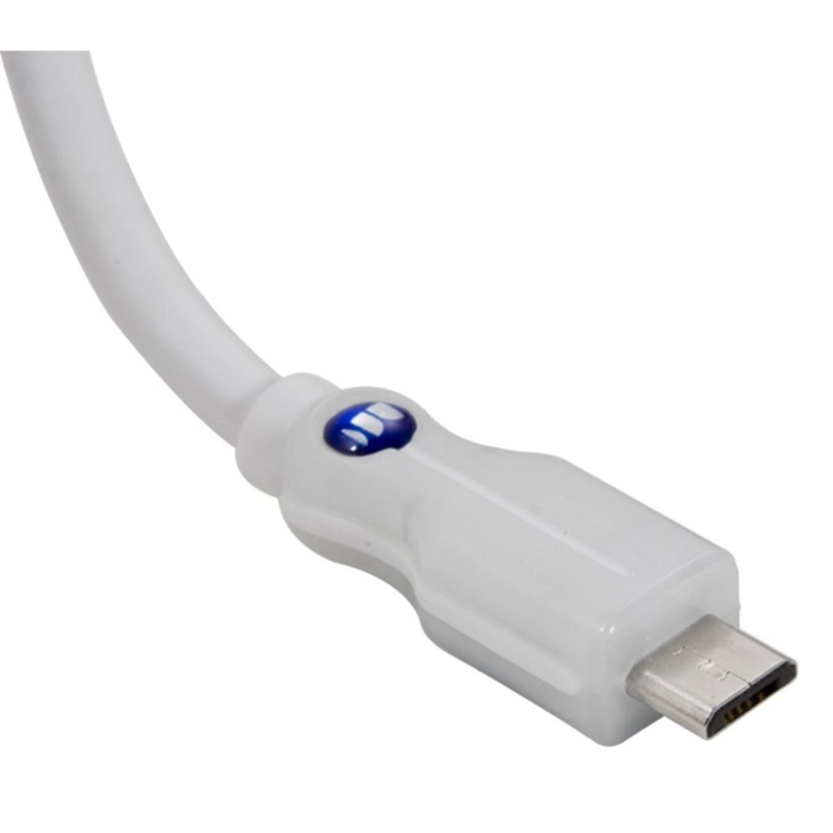 Ein weißes USB-C-Kabel mit kleinem blauem Logo auf dem Stecker.