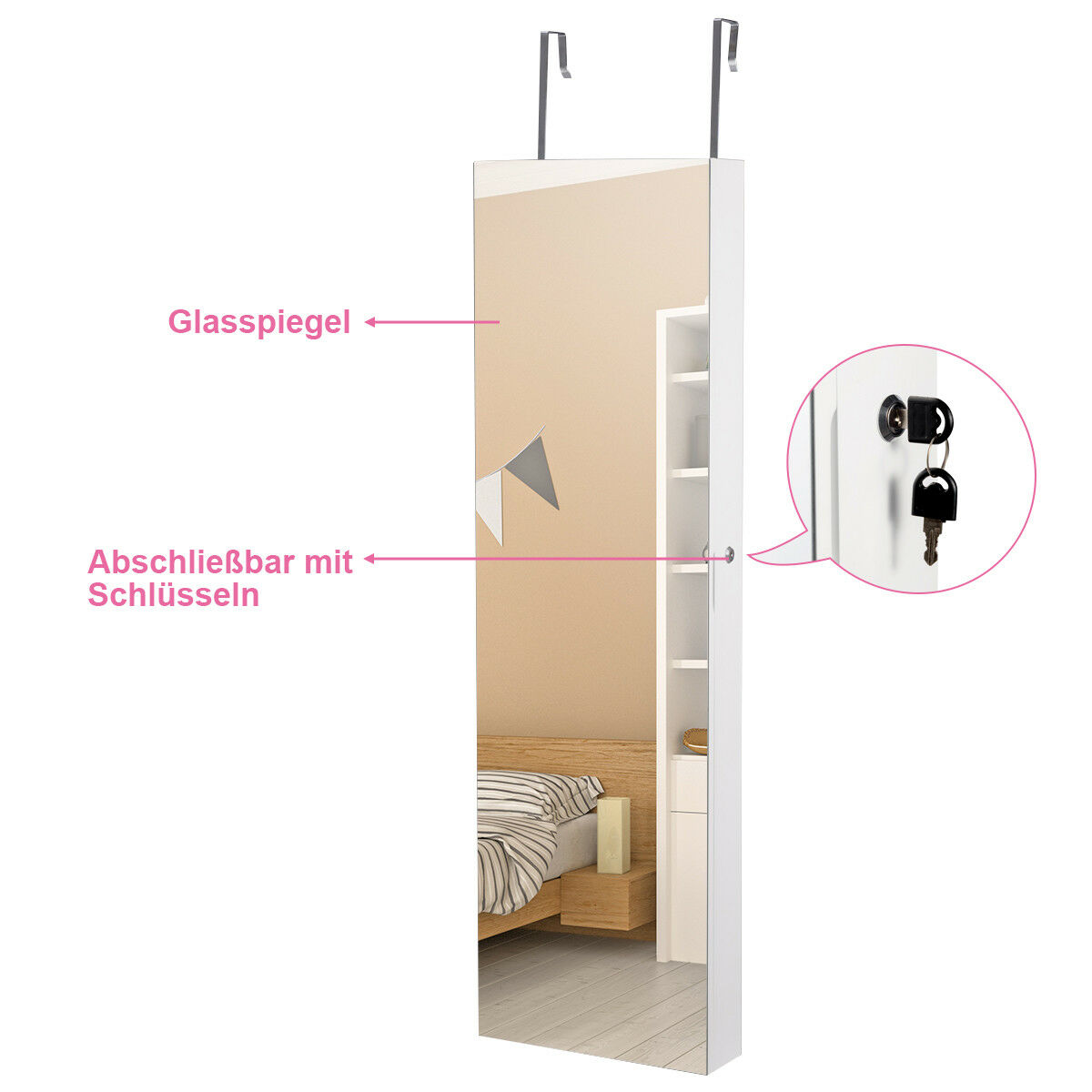 Hoher Spiegel mit Stauraum. Spiegel mit Schlüsseln und deutschen Beschriftungen.