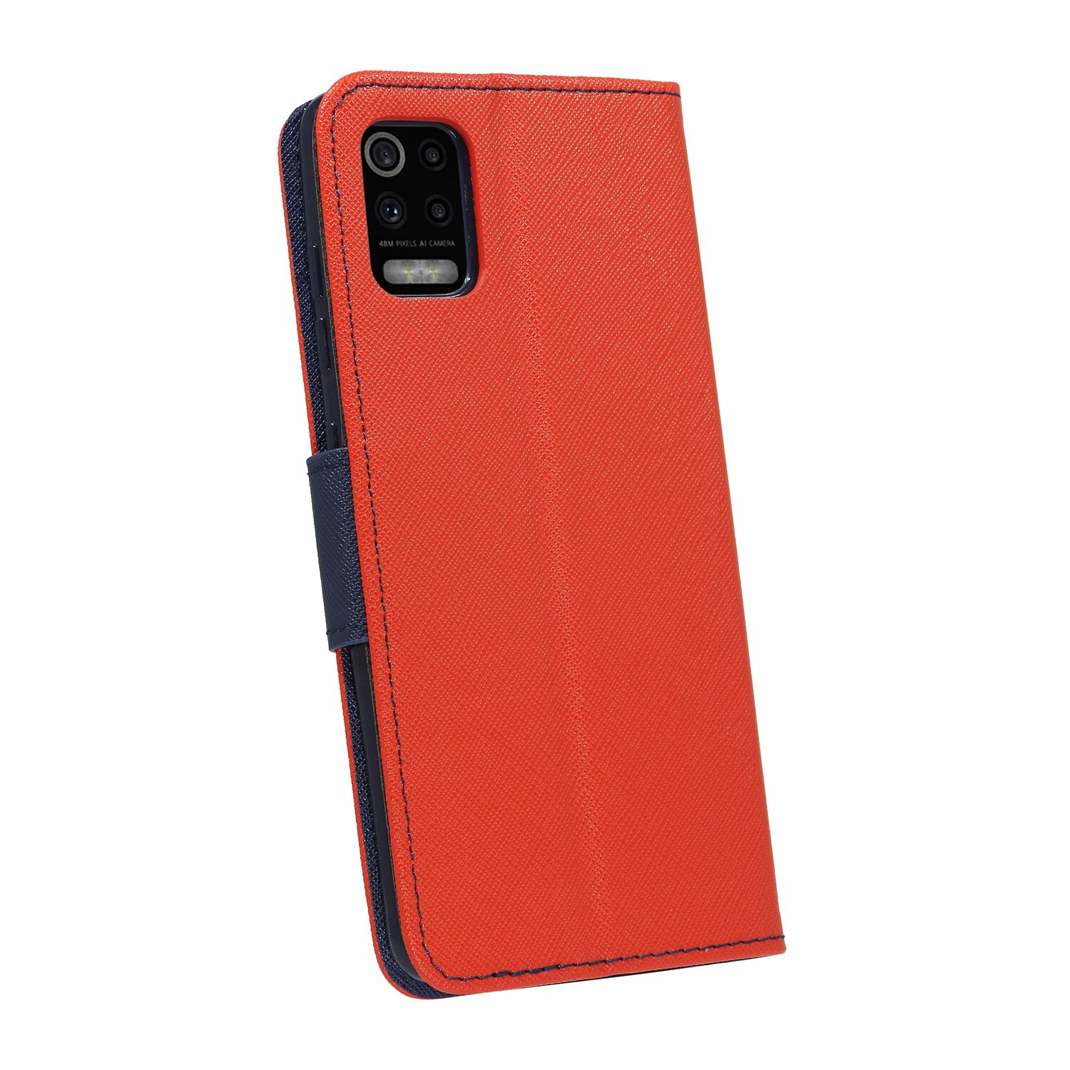 Eine orangefarbene Handyhülle mit einem schwarzen Kameramodul. Es hat einen marineblauen Rand.
