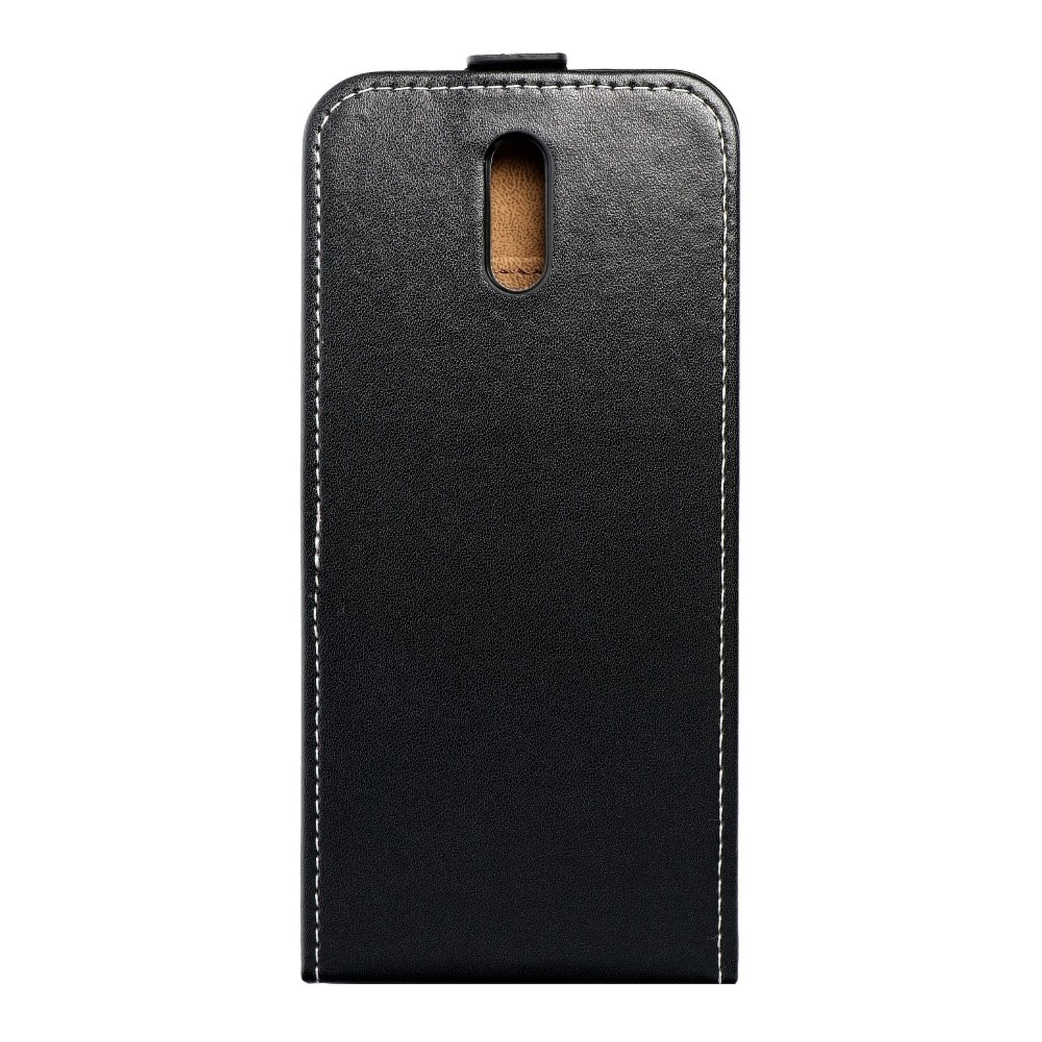 Eine schwarze Handyhülle mit vertikalem Design. Die Hülle hat einen Ausschnitt für die Kamera.