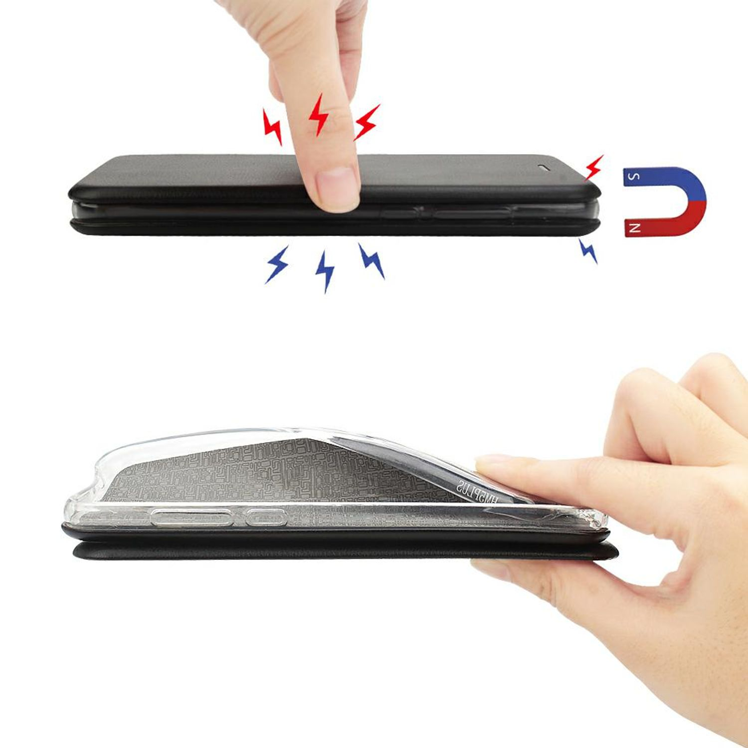 Handy-Hülle mit Magnetverschluss, Magnete gezeigt. Eine Hand hält die Handy-Hülle. Blitze und Magnete.