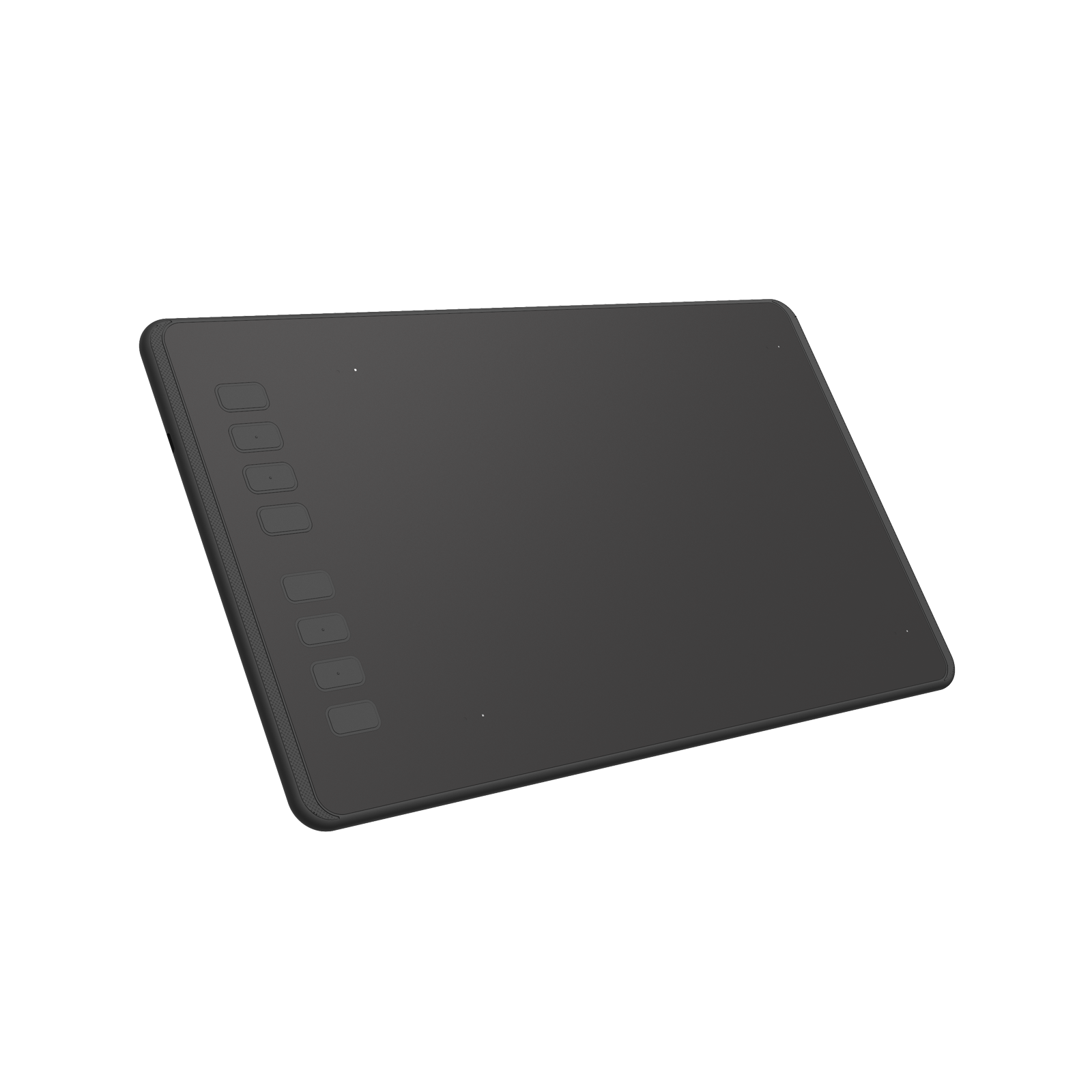 Czarny tablet graficzny o eleganckim designie, z przyciskami z boku.