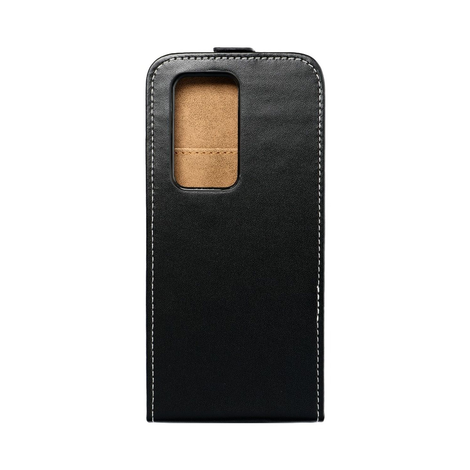 Schwarze Handyhülle mit weißen Nähten. Hülle umgibt das Telefon. Hintergrund: beige.
