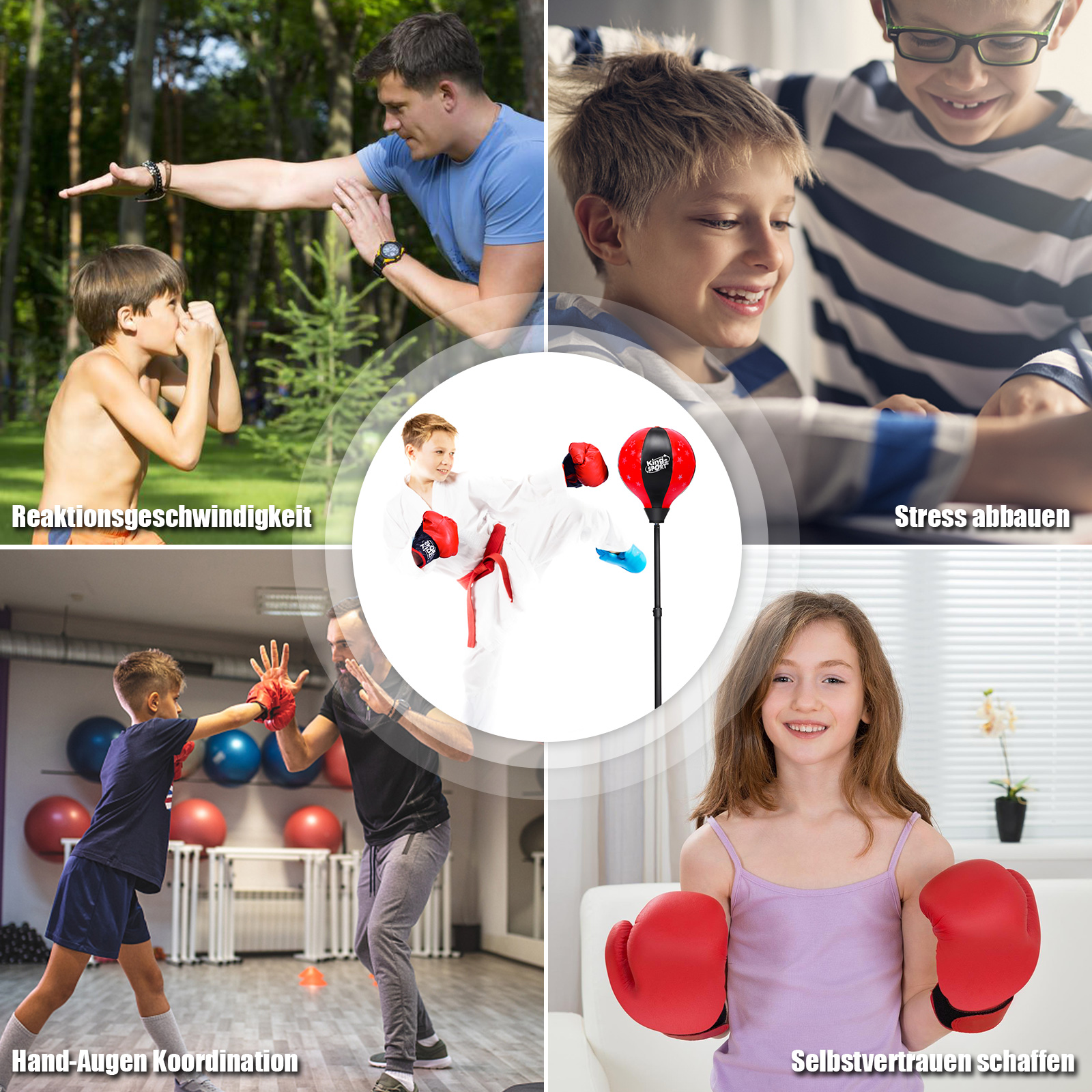 Collage von Bildern, die Kinder beim Boxen und Training zeigen. Enthält einen roten Boxsack und Boxhandschuhe.