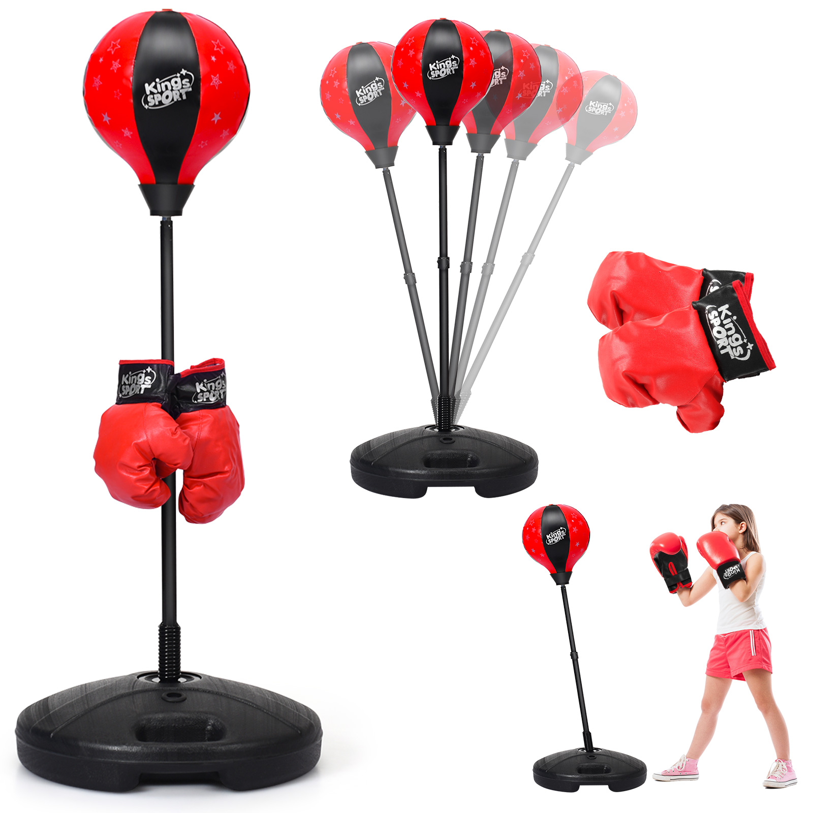 Box-Set: roter Boxsack, Handschuhe und ein Mädchen, das mit Handschuhen übt. Mehrere Ansichten.