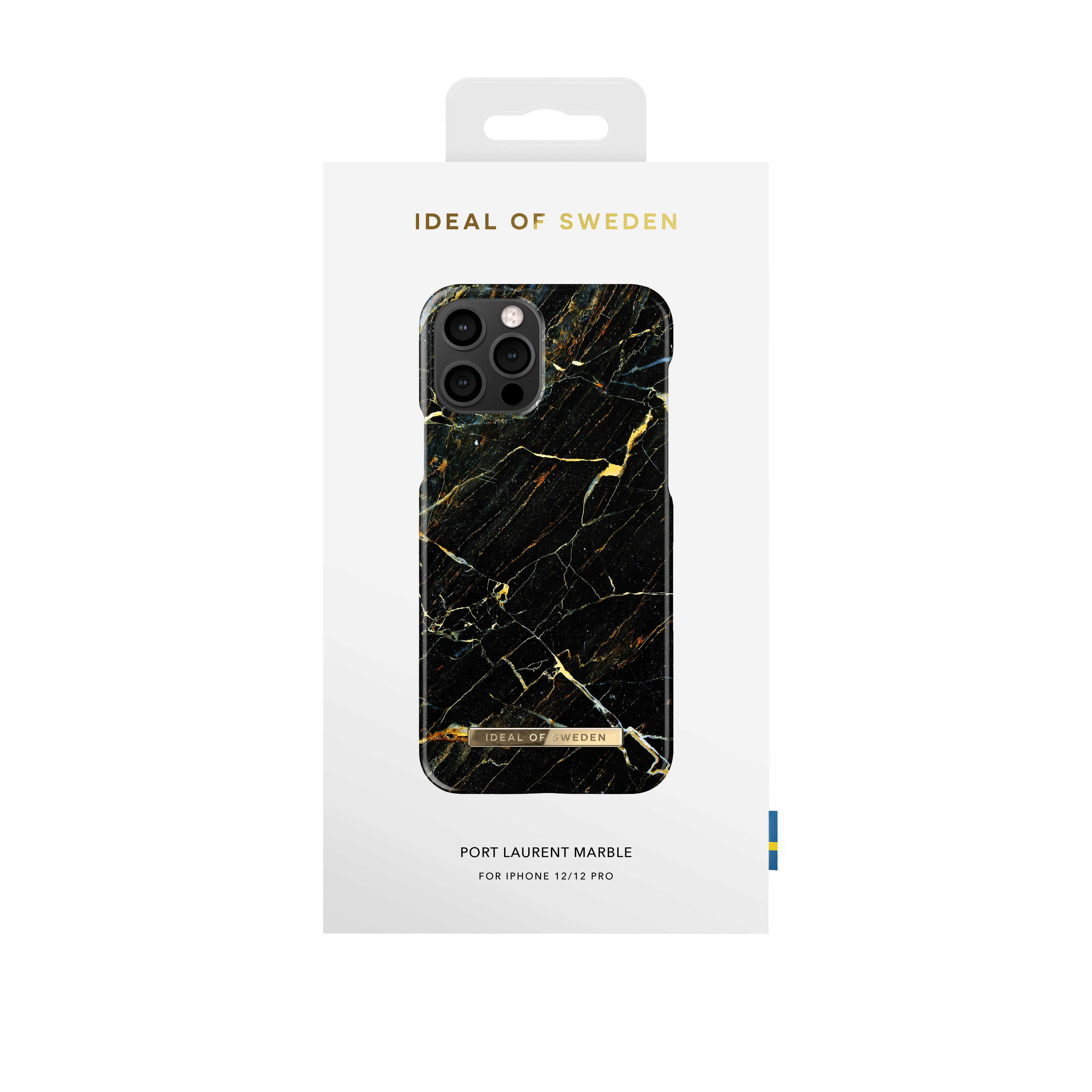 Marmor-Handyhülle in einer weißen Schachtel, mit goldenem Ideal of Sweden-Logo und schwarzem Marmor-Design.