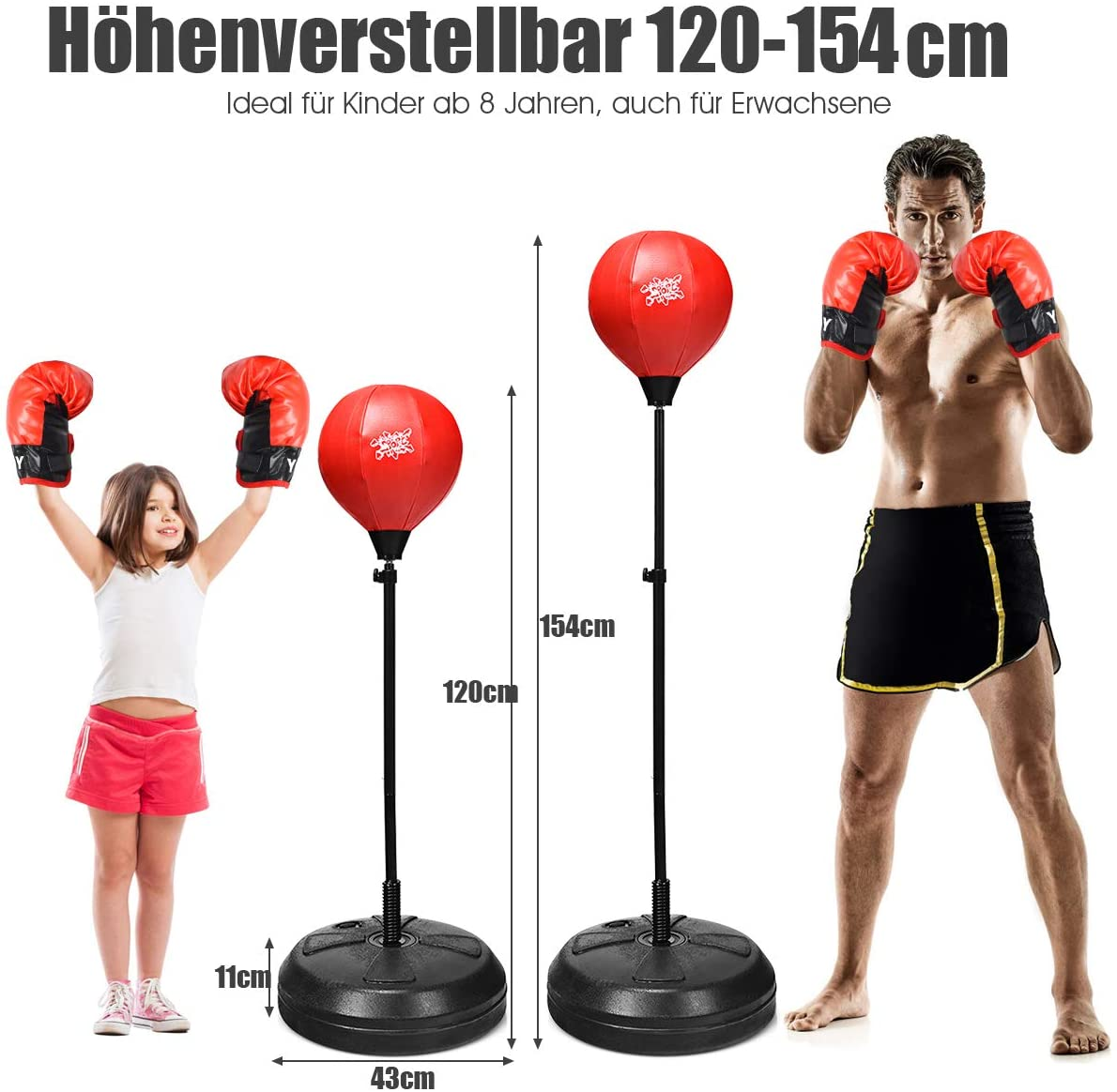 Zwei Boxsäcke mit einem Mann und einem Mädchen. Der Mann trägt Handschuhe. Höhe: 120-154cm.