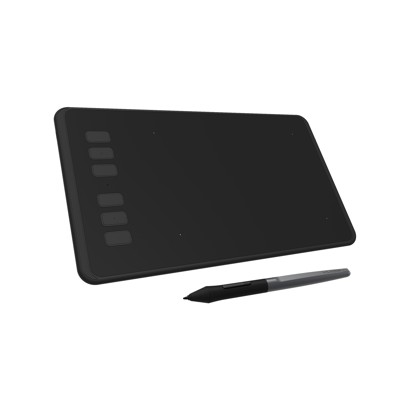 Schwarzes Grafiktablett mit einem Eingabestift auf weißem Hintergrund.