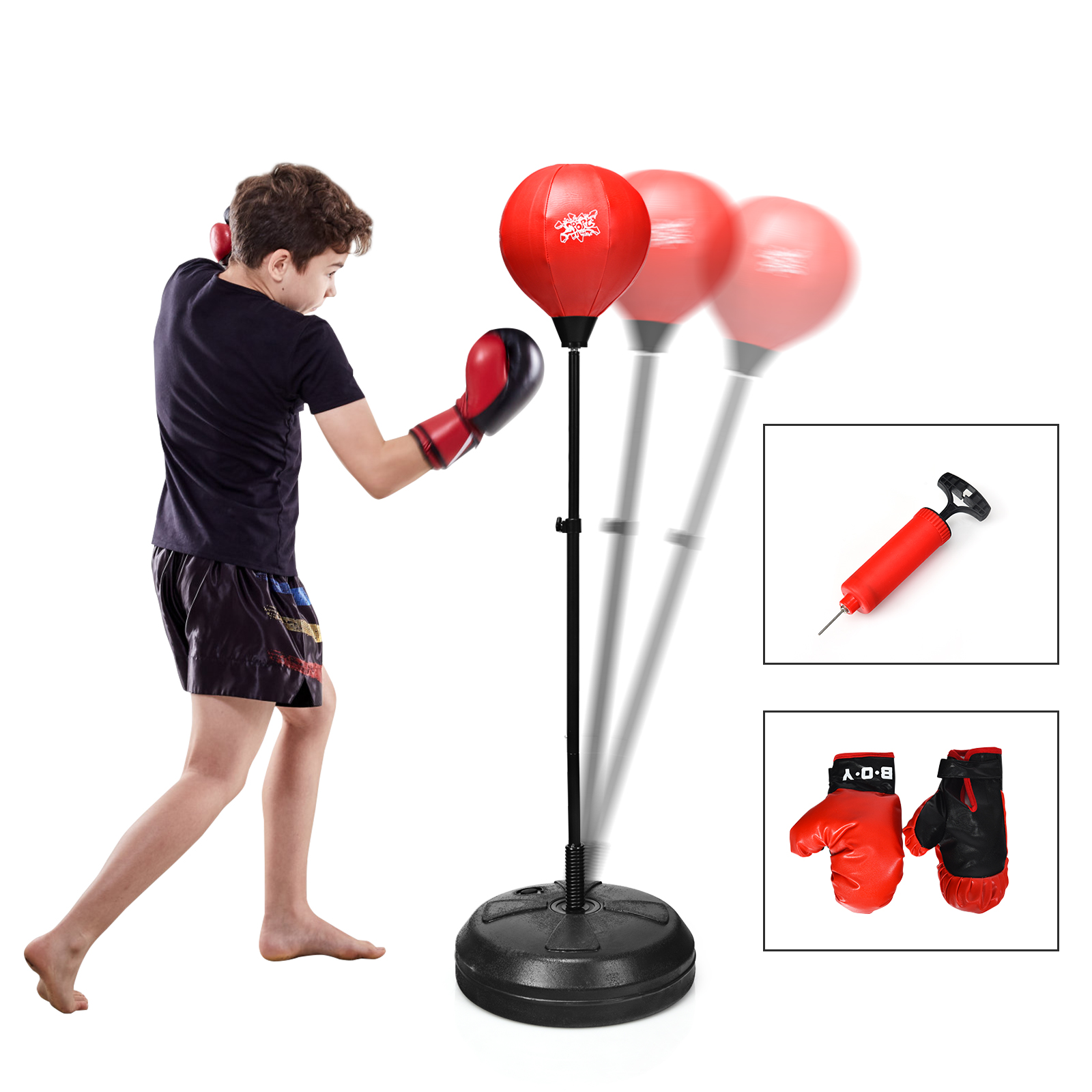 Junge boxt, schlägt auf einen roten Boxsack. Handschuhe und rote Pumpe sichtbar.