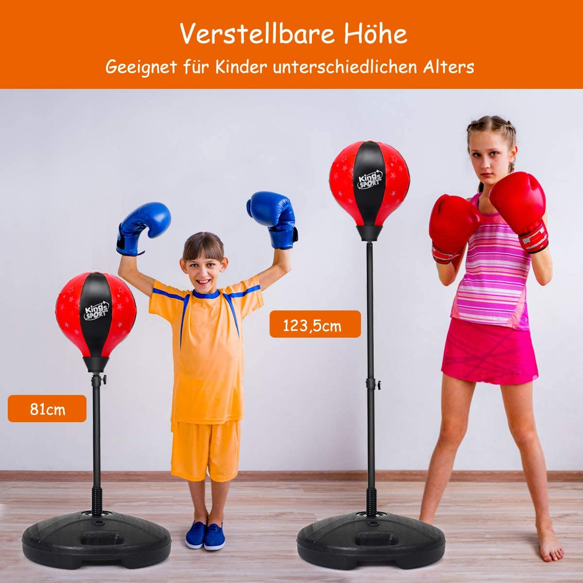 Zwei Kinder mit Boxausrüstung, eines mit Handschuhen, das andere mit Boxsack und Handschuhen.