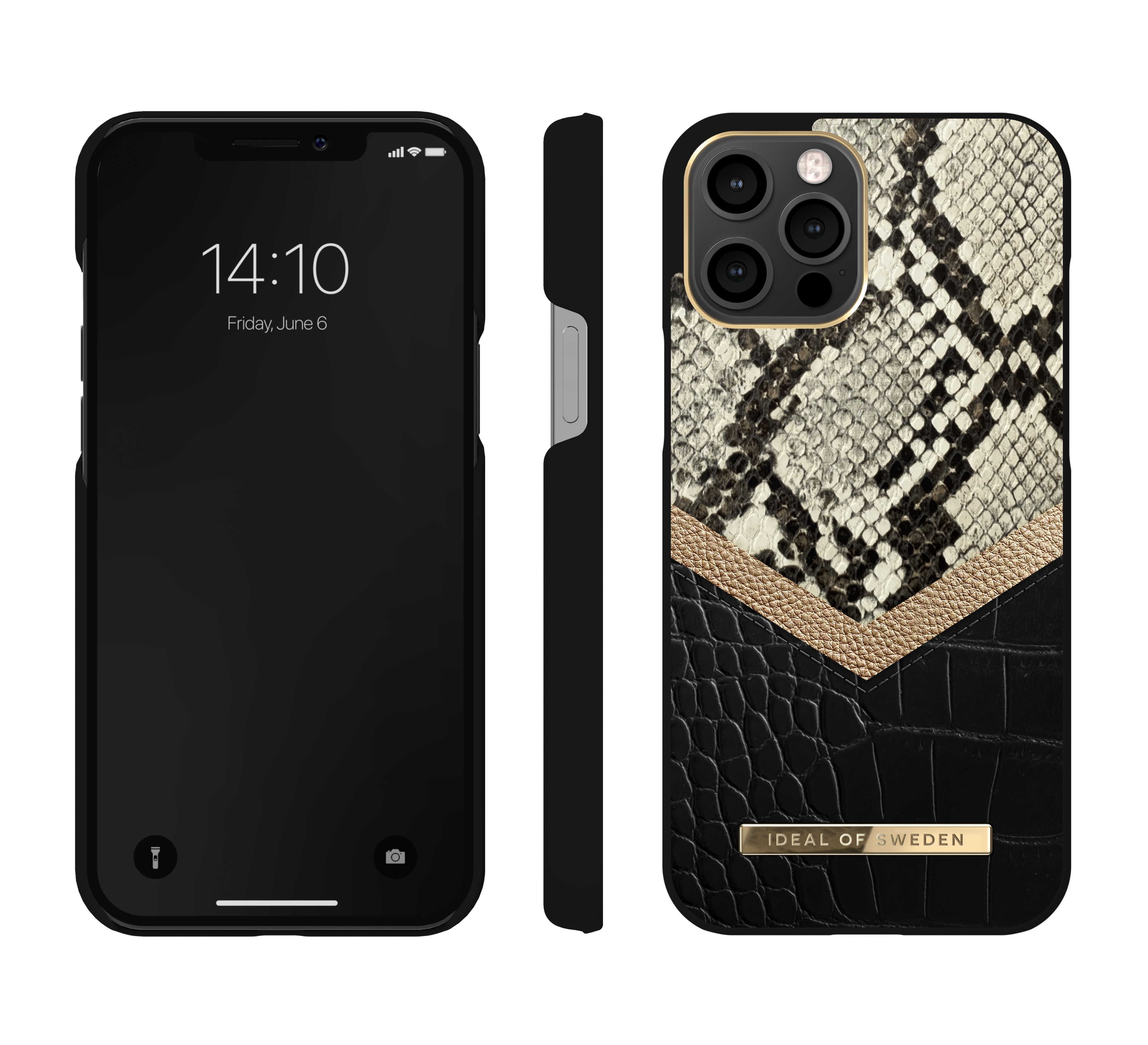 Handyhülle mit Schlangenhaut-Design. Telefon und Hülle sind schwarz und gold.