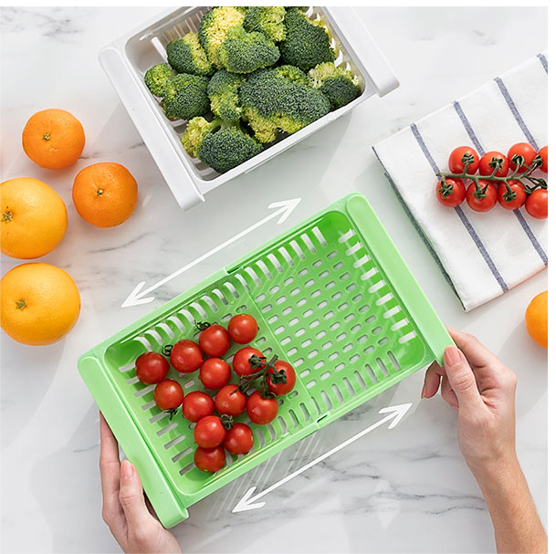 Grüne Schublade mit Tomaten und Brokkoli. Orangen links außerhalb der Schublade.