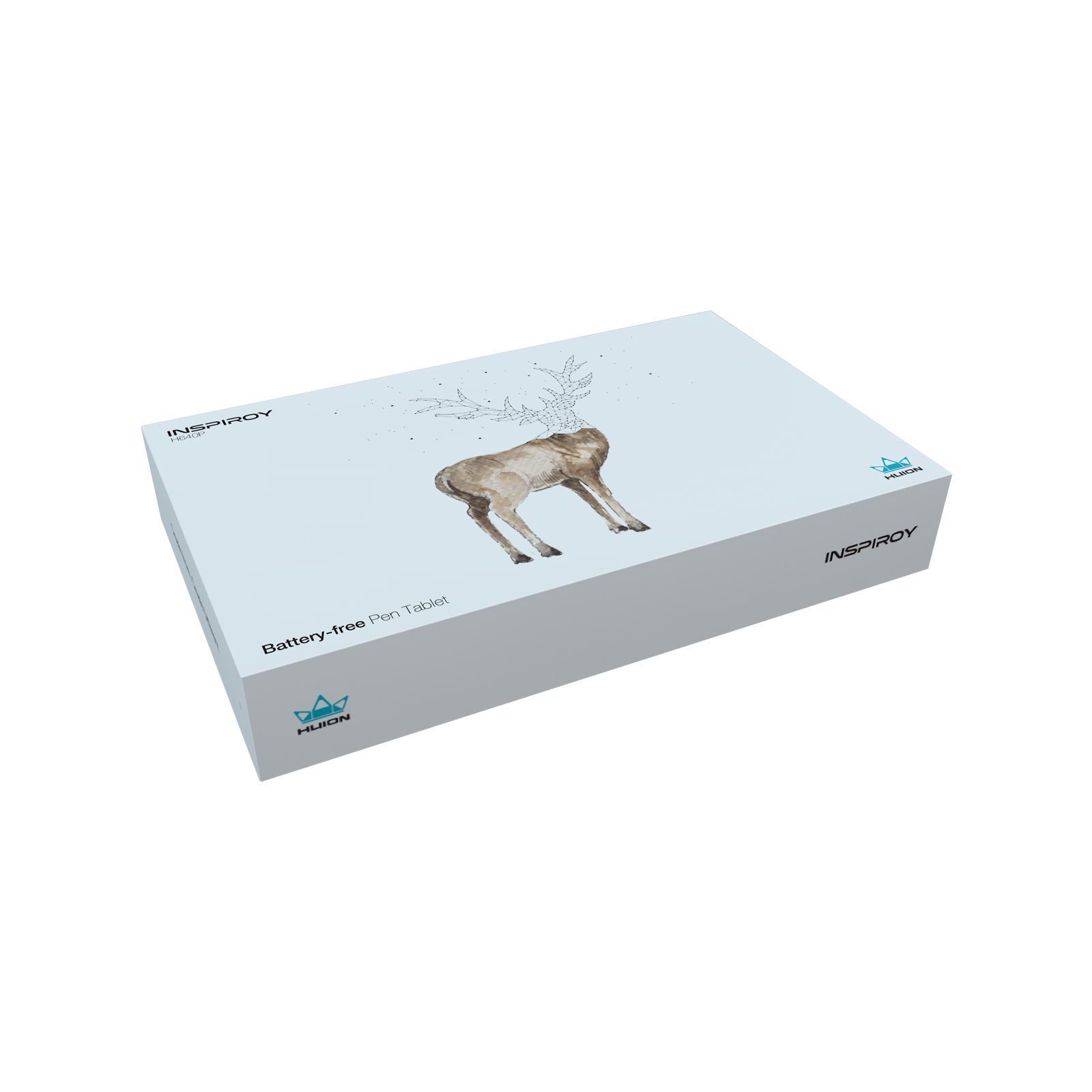 Eine weiße Box mit einer Zeichnung eines Hirsches, beschriftet mit 'Battery-free Pen Tablet'.