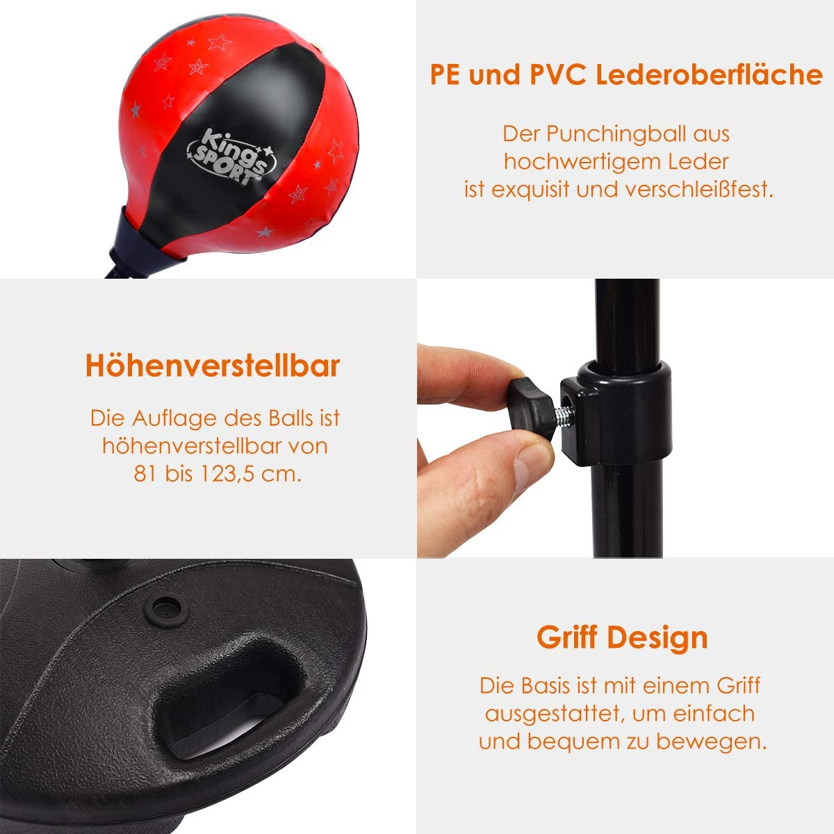Roter und schwarzer Boxball mit Sterndesign. Enthält verstellbare Höhe und Griffdesign.