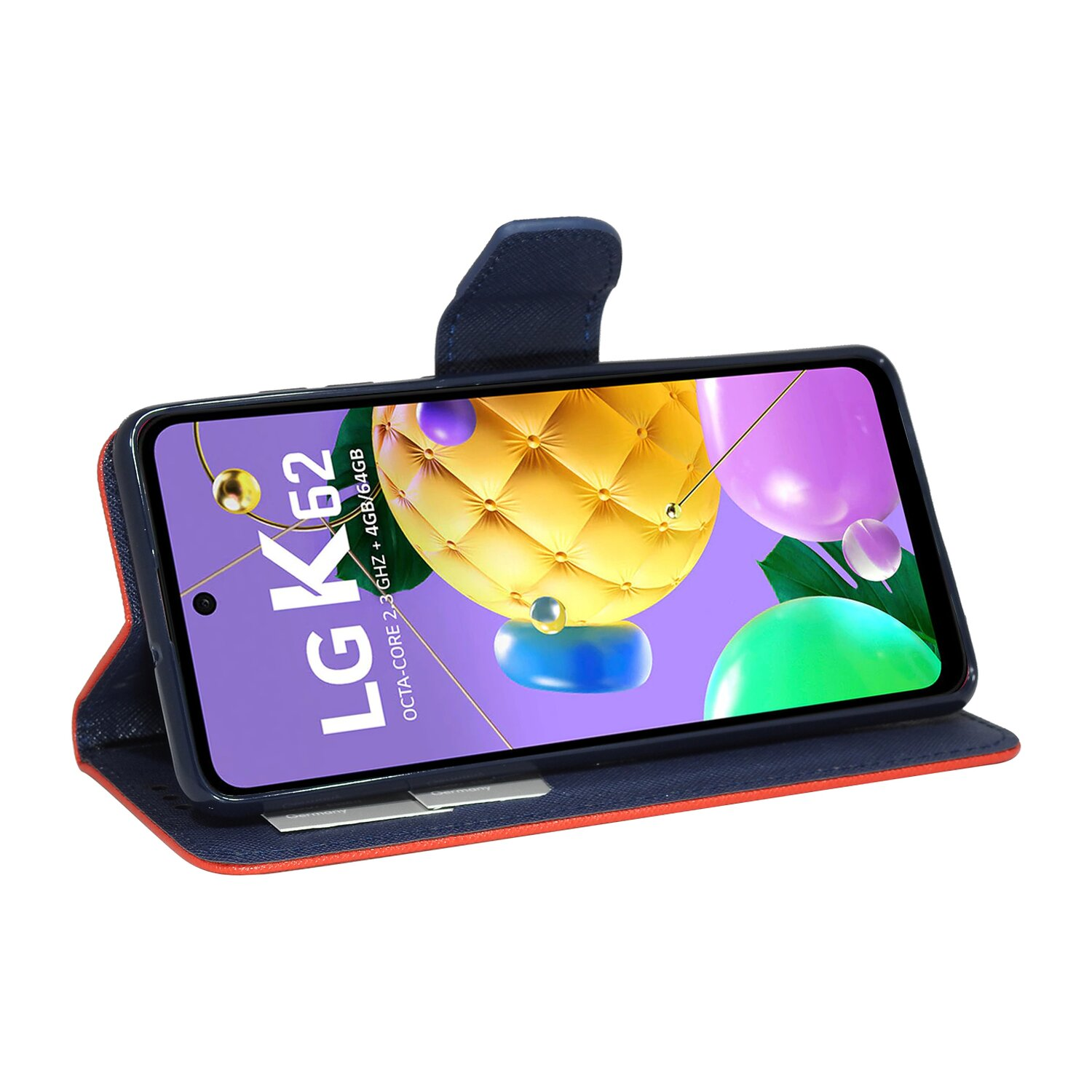 Geöffnete Handyhülle mit einem LG K62 Telefon. Der Bildschirm zeigt ein farbenfrohes Bild.
