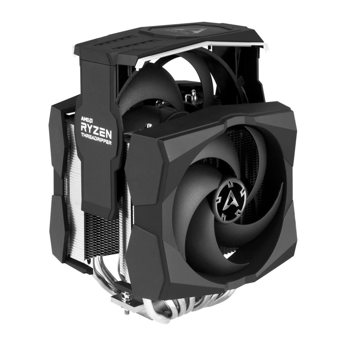 Schwarzer Computer-CPU-Kühler mit Lüfter. AMD Ryzen Threadripper-Etikett sichtbar. Weißer Hintergrund.