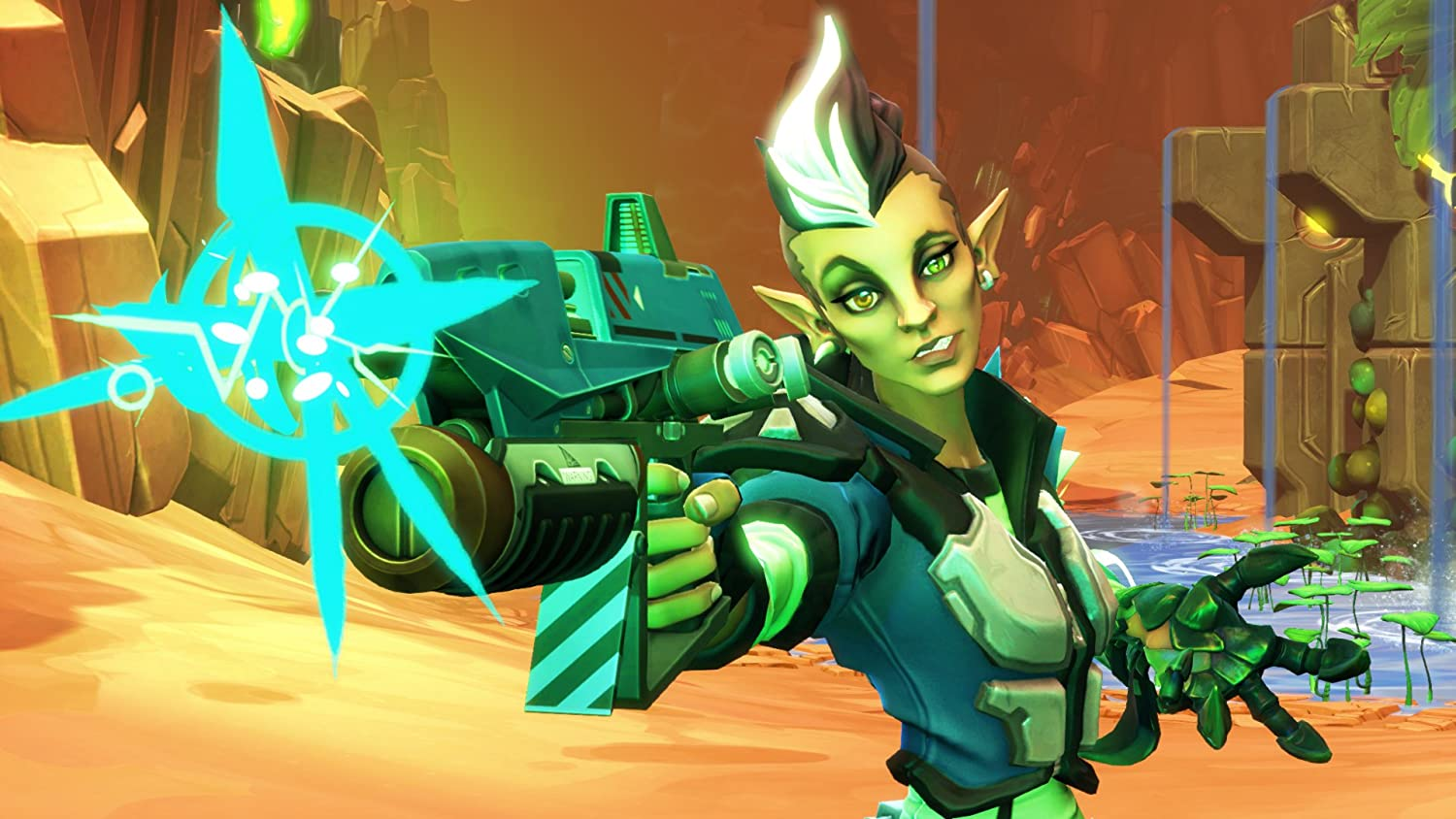 Eine Spielfigur, die eine futuristische Waffe hält und zielt. Bunte Fantasy-Umgebung.