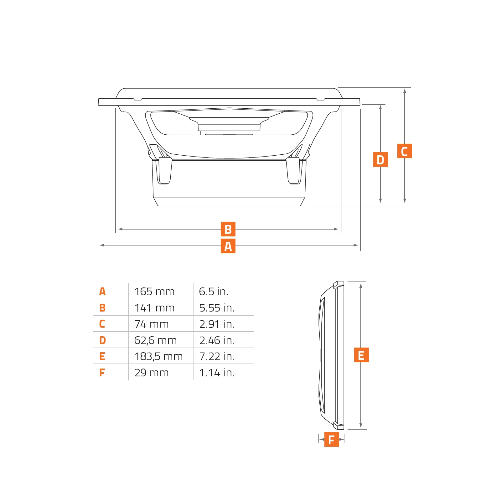 Diagramm eines Lautsprechers mit beschrifteten Abmessungen.