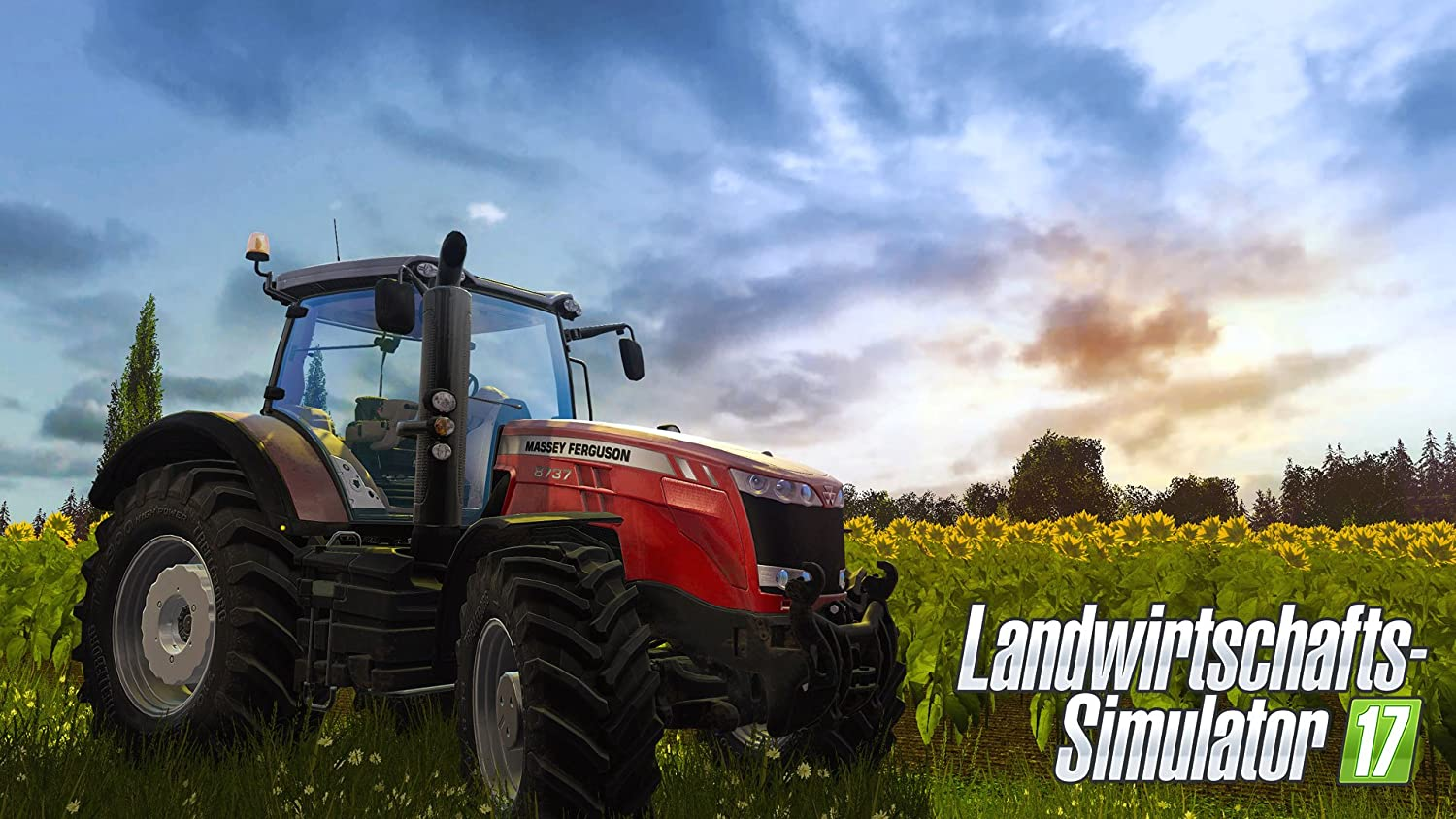 Ein roter Traktor auf einem Sonnenblumenfeld, mit blauem Himmel und Wolken.