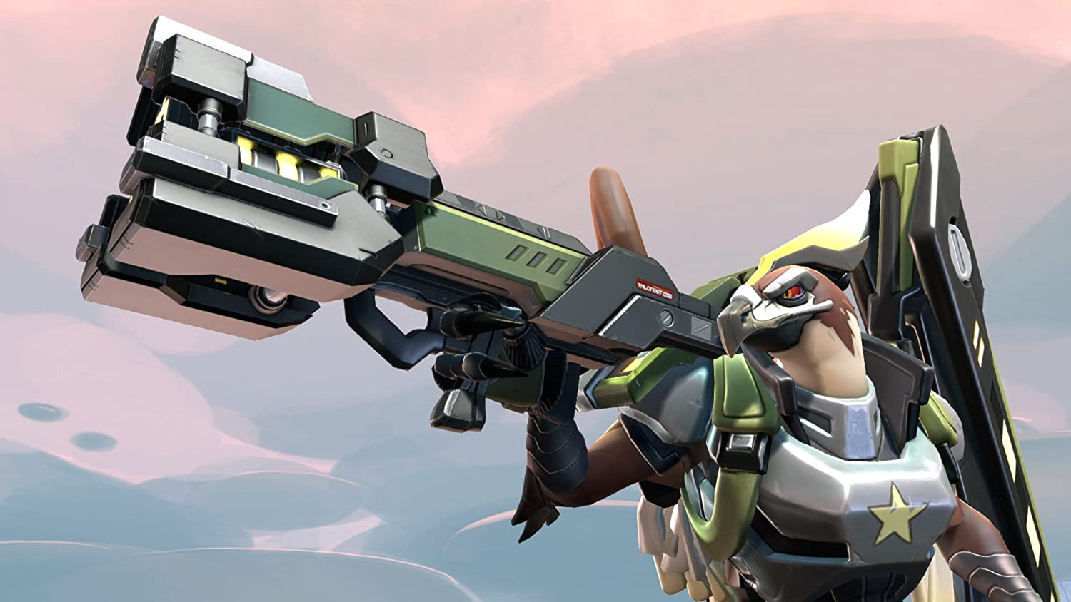 Ein Zeichentrickfigur, die eine große, futuristische Waffe in Grün und Grau hält.