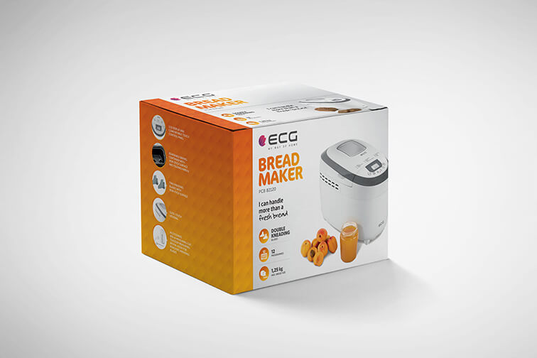 Eine Brotbackautomatenbox, orange und weiß, mit einem Brotbackautomatenbild und Text über Funktionen.