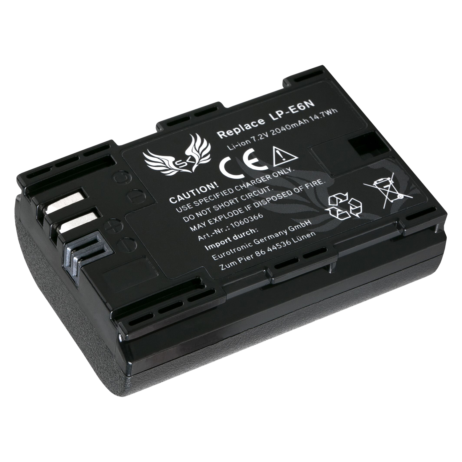Schwarzer Kamera-Akku mit der Aufschrift: Replace LP-E6N, Li-Ion 7,2V 2040mAh 14,7Wh. Warnhinweis.