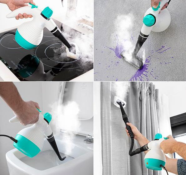 Vier Bilder, die zeigen, wie ein Dampfreiniger auf Herd, Teppich, Vorhängen und Toilette verwendet wird.