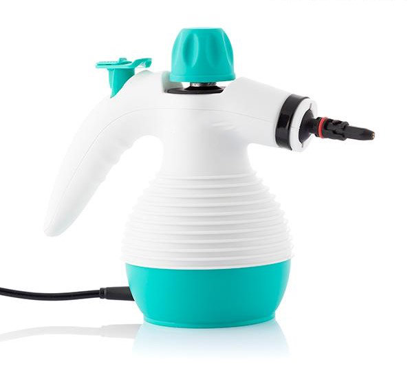 Ein weißer und teal Dampfreiniger mit Griff. Ein schwarzes Netzkabel ist angeschlossen.