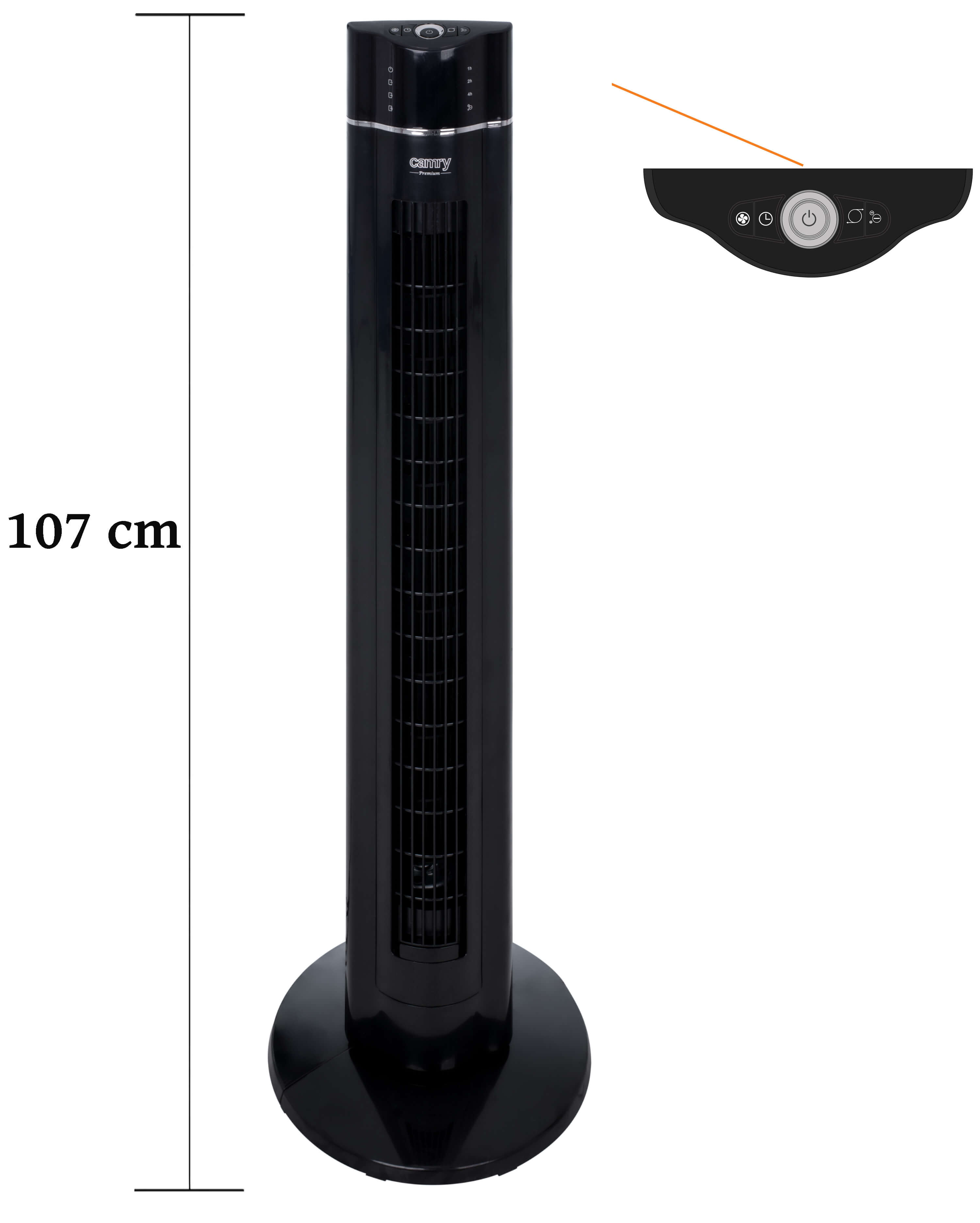 Ein hoher, schwarzer Turmventilator. Der Ventilator hat einen runden Fuß und ein Bedienfeld mit Knöpfen oben.