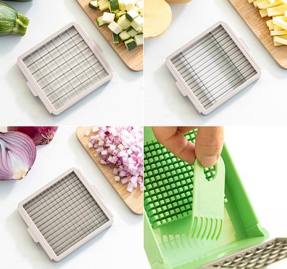 Immagini mostrano un tagliaverdure con varie opzioni di taglio e verdure tagliate.