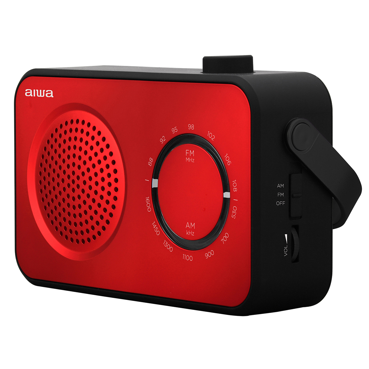 Czerwono-czarne radio retro z pokrętłem i głośnikiem.