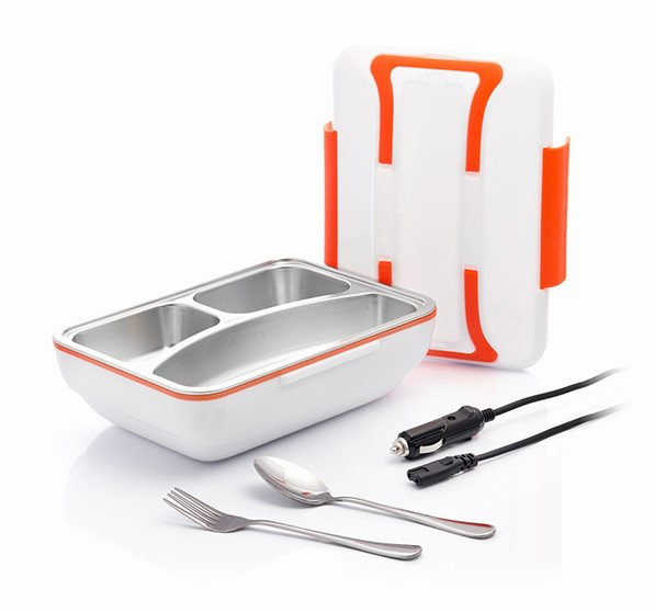 Eine weiße Lunchbox mit orangefarbenen Akzenten, mit Edelstahl-Innenraum, Gabel, Löffel und Kabel.